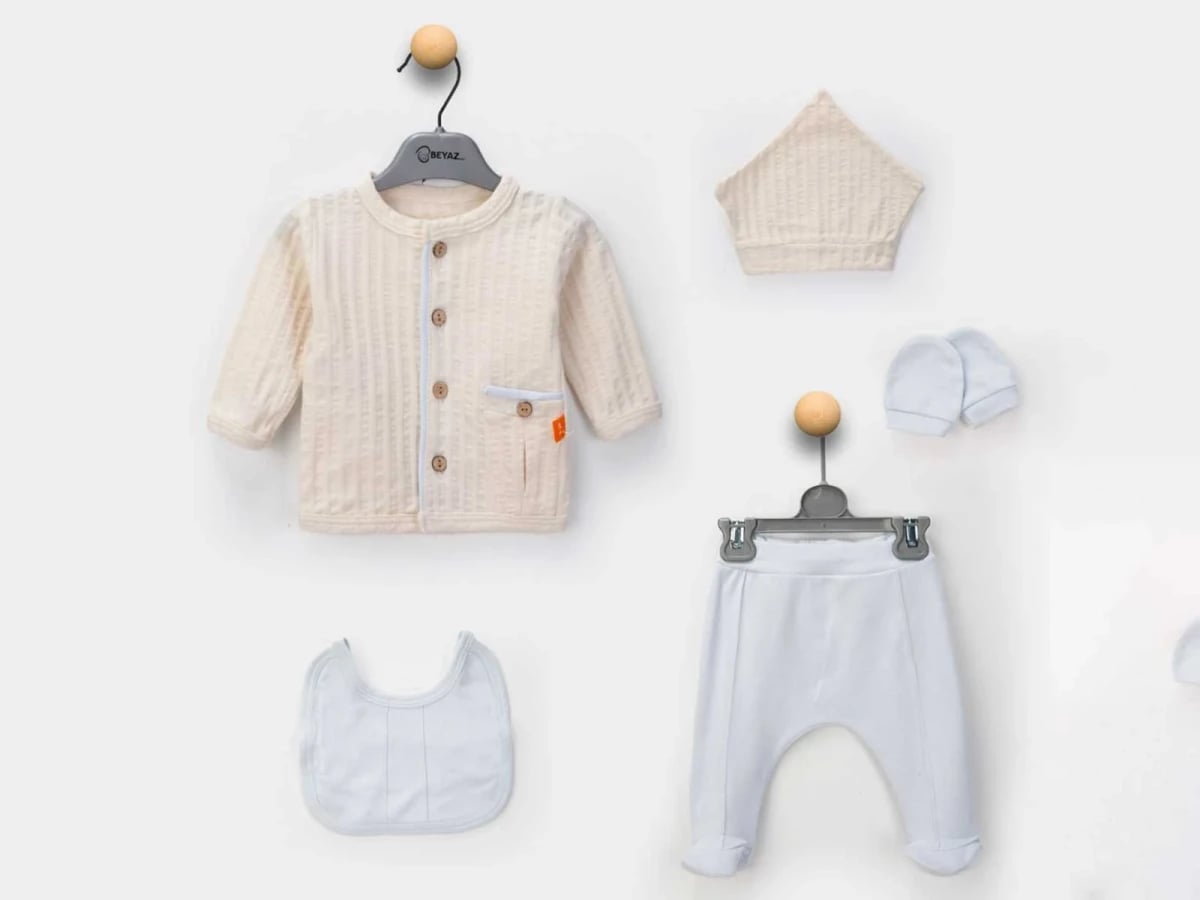 Buttoned Baby Boy Hospital Exit 5-Piece Bodysuit Set in Light Blue - Beyaz Bebek - by Peralane