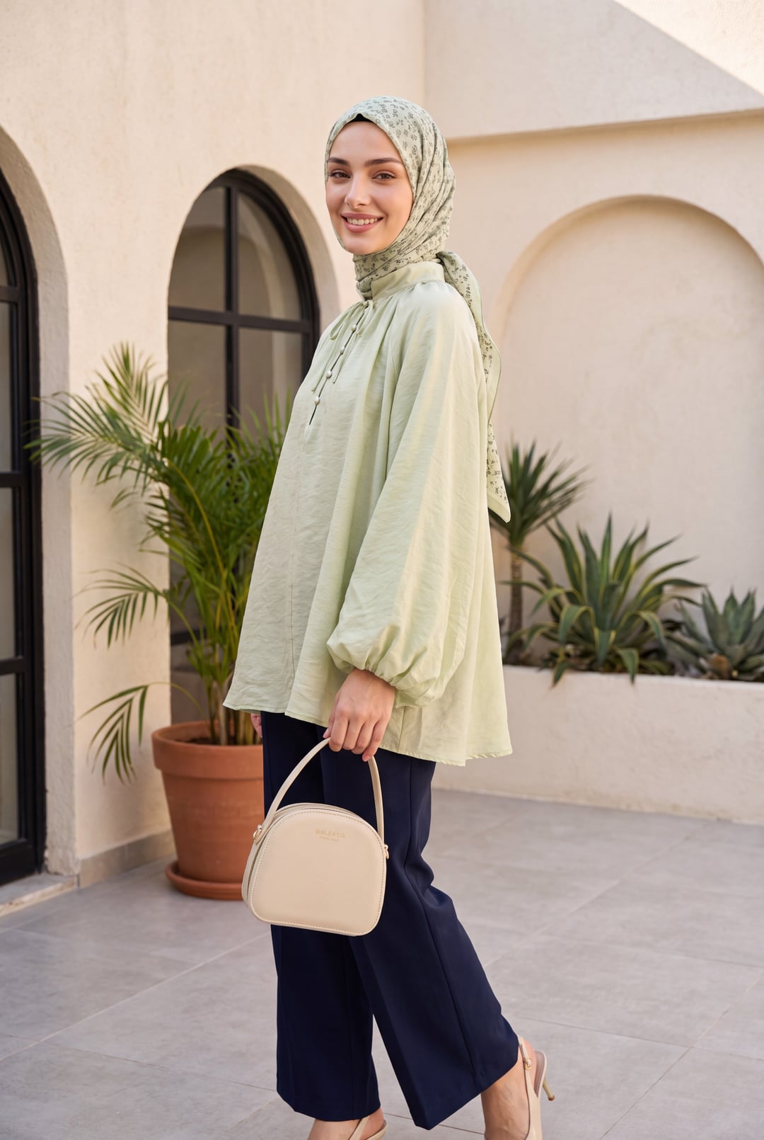 Women's Oversize Voile Tunic and Headscarf Set in Sage Green with Tie Neckline - Podyumplus - by Peralane - photo 5