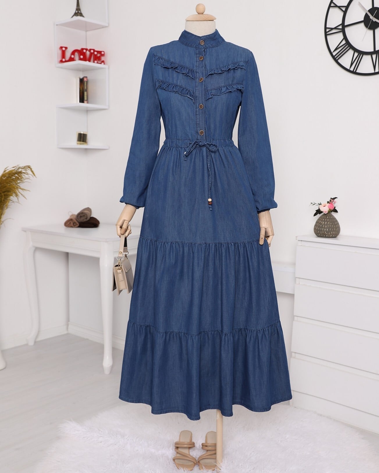 Half-Button Tiered Ruffle Denim Dress - Indigo - Podyumplus - by Peralane - photo 3