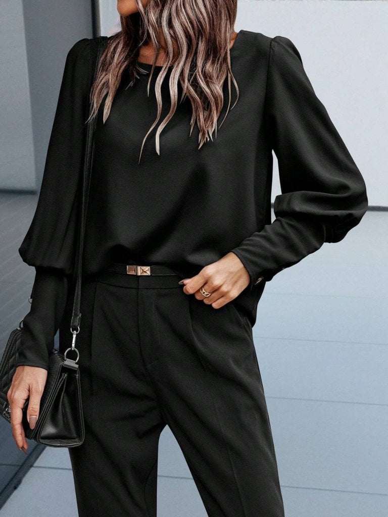 Women's Black Long-Sleeved Round Neck Crepe Blouse with Buttons - Janes - by Peralane - photo 5