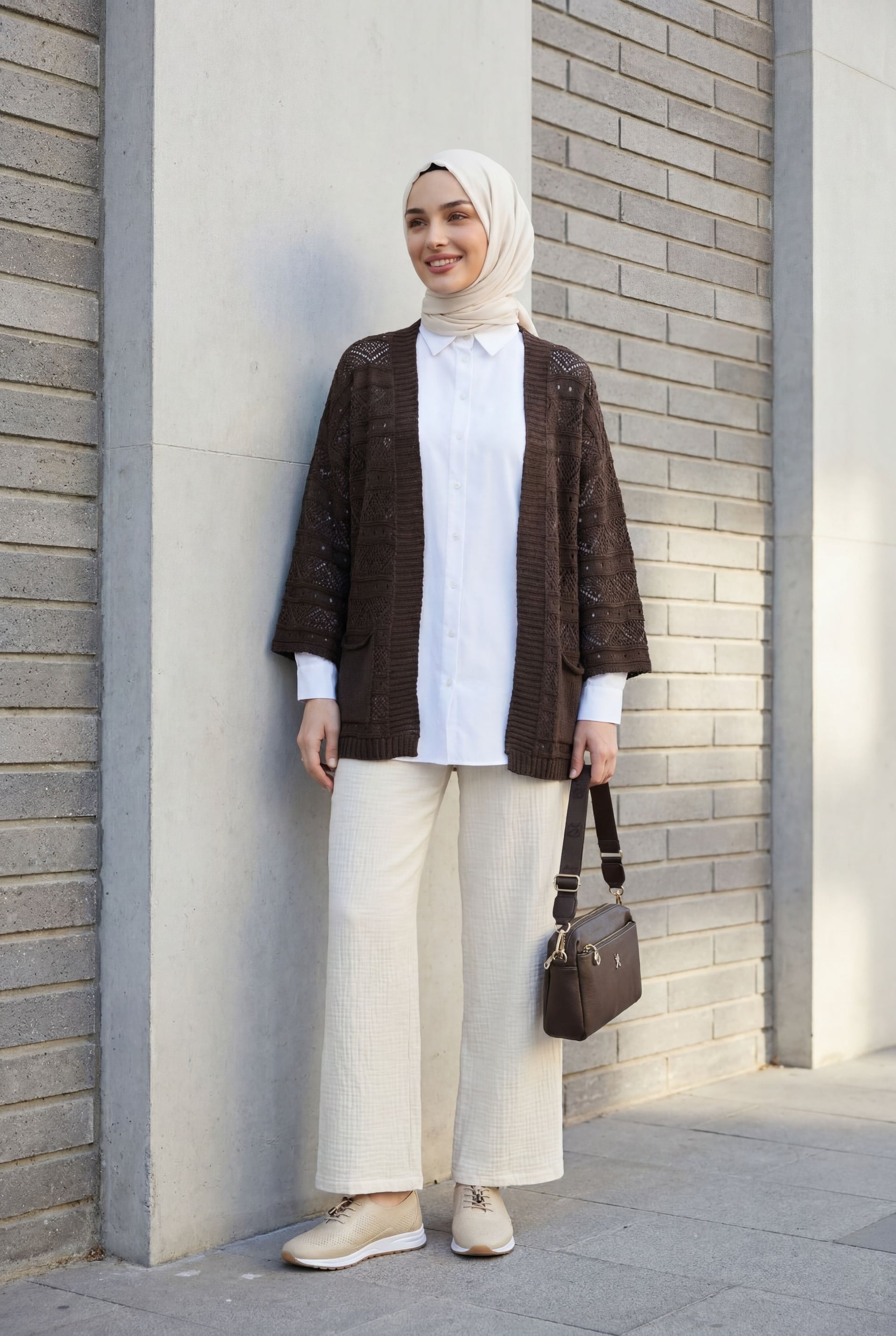 Double Pocket Openwork Spanish Sleeve Knit Cardigan - Dark Brown - Podyumplus - by Peralane