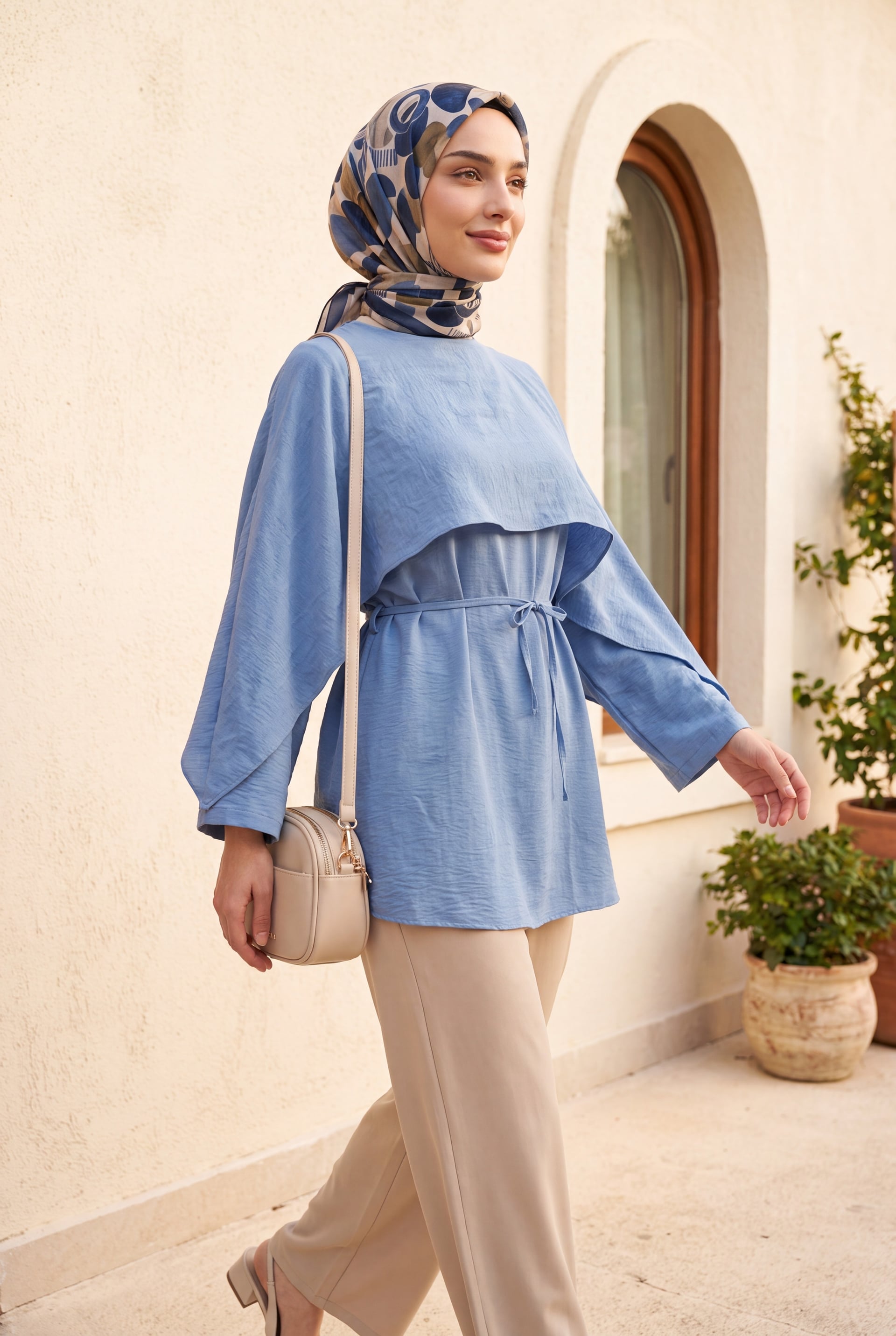 Cape Detail Belted Voile Tunic - Baby Blue - Podyumplus - by Peralane - photo 3