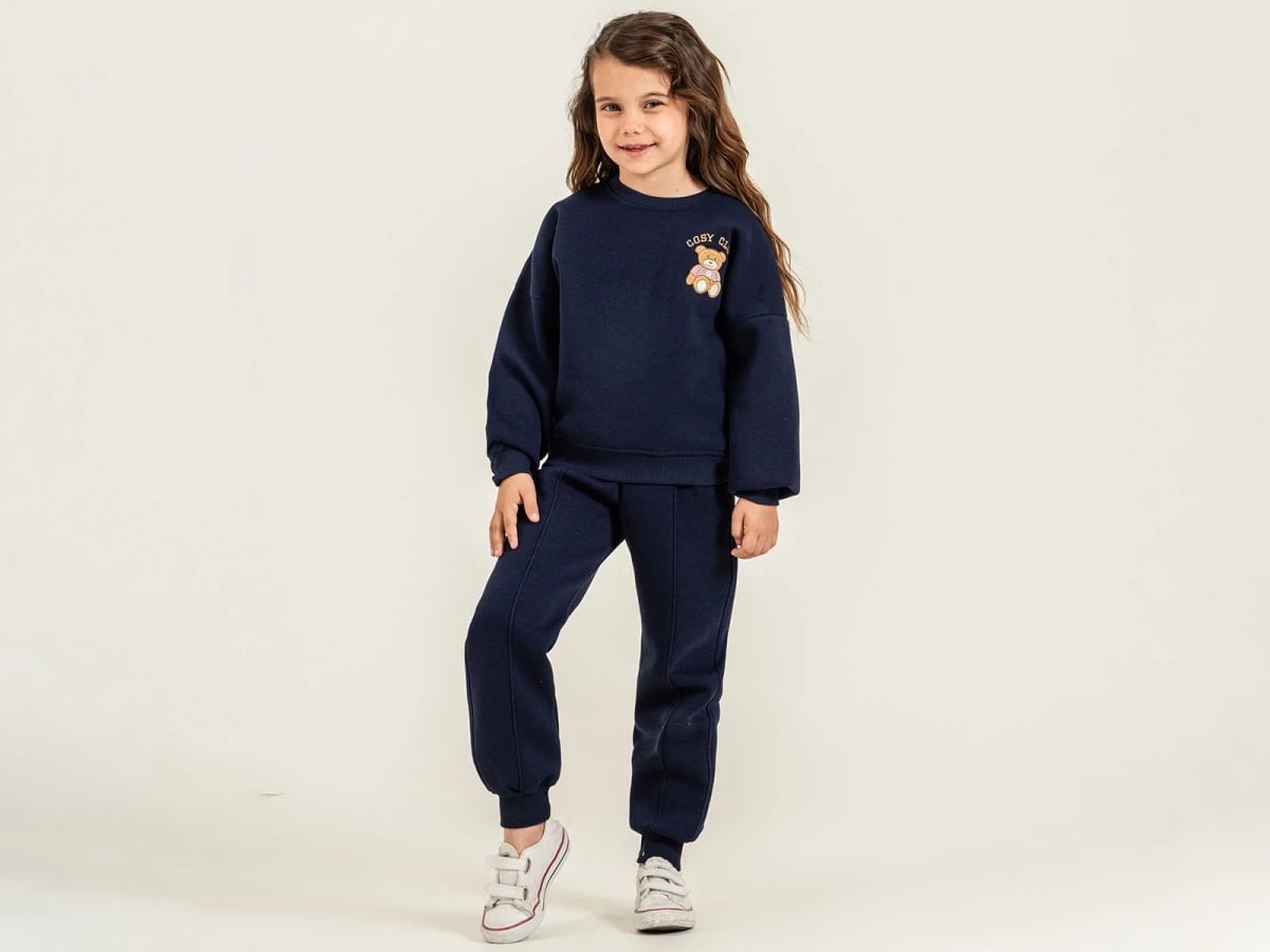 Girls' Navy Blue Teddy Bear Embroidered Tracksuit Set - Pampal Kids - by Peralane
