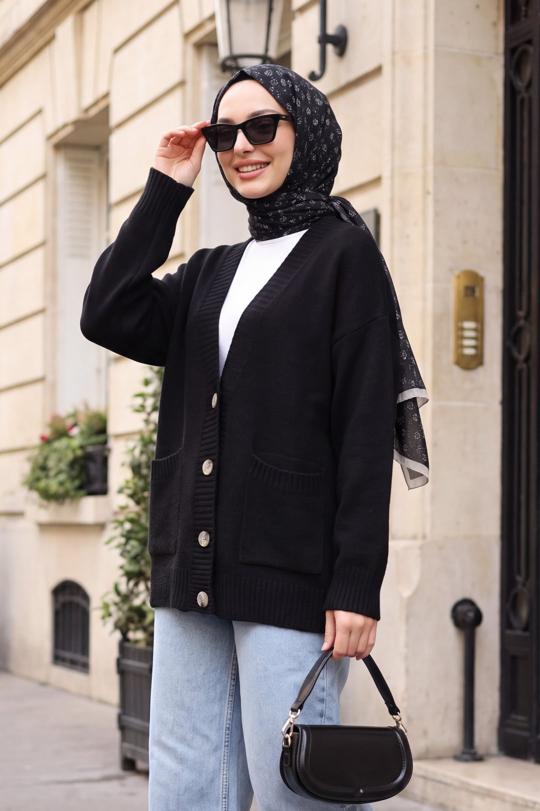 Black Button-Up Long Cardigan with Pockets - Podyumplus - by Peralane - photo 2