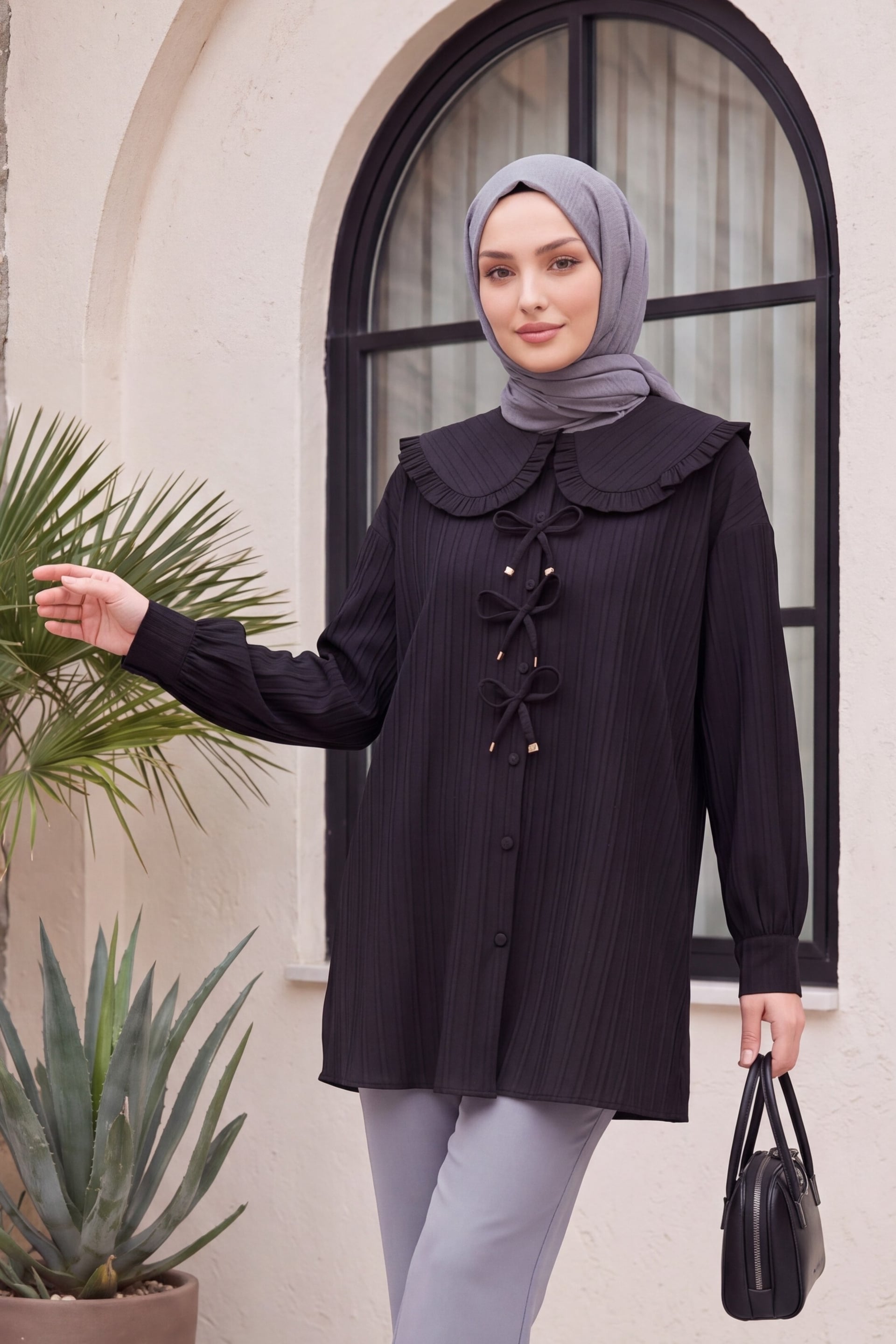 Black Ribbon Detail Buttoned Peter Pan Collar Tunic - Podyumplus - by Peralane