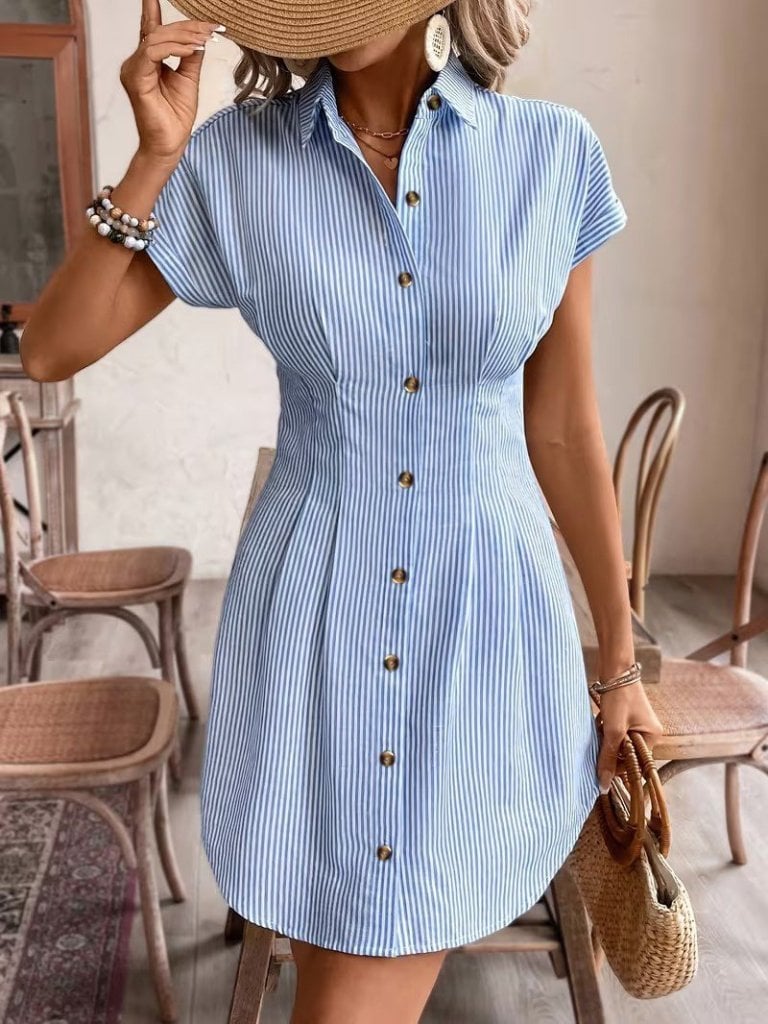 Women's Blue and White Striped Short-Sleeve Button-Front Shirt Dress - Janes - by Peralane