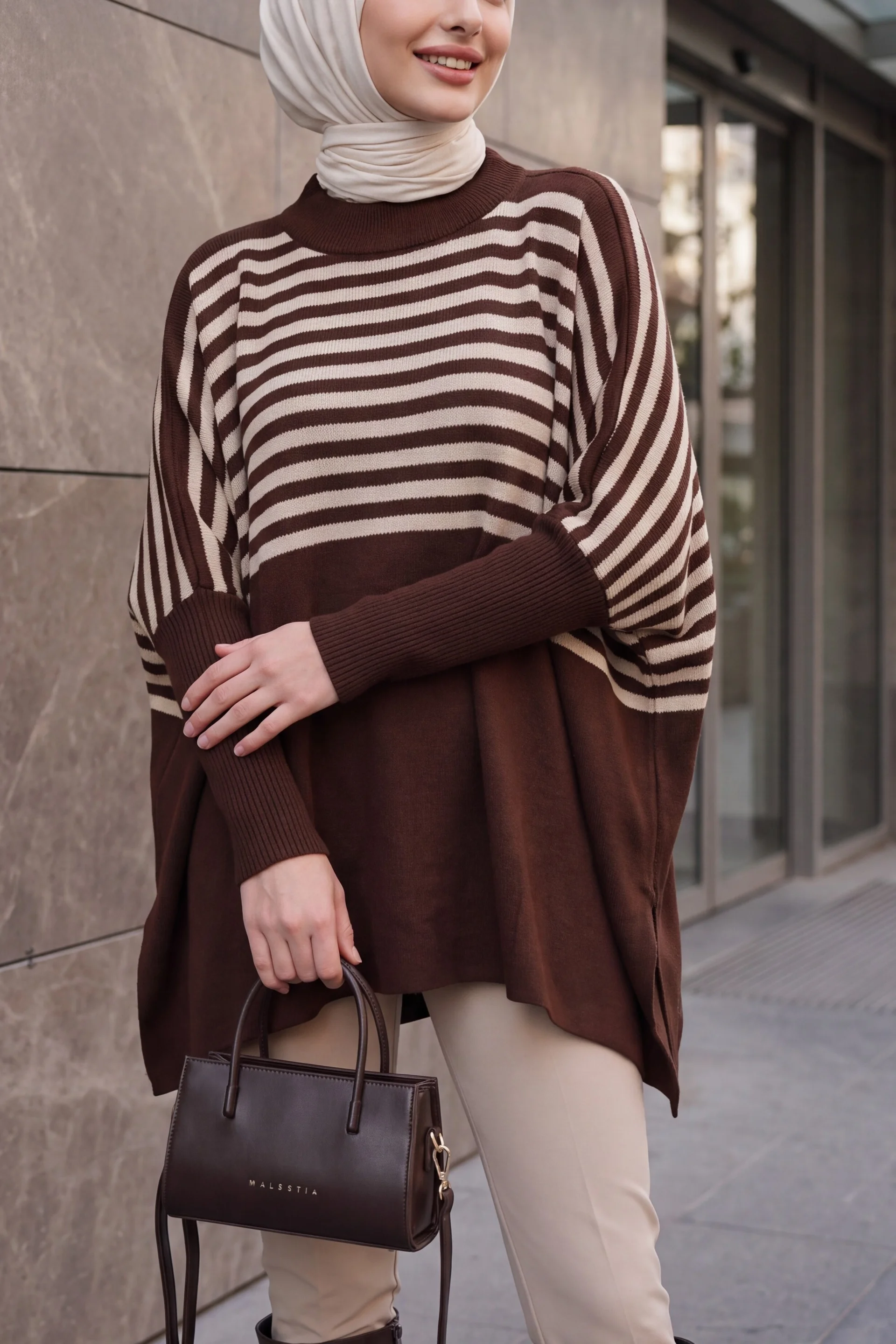 Side Slit Oversized Poncho Knit Sweater - Brown - Wholeskop - by Peralane