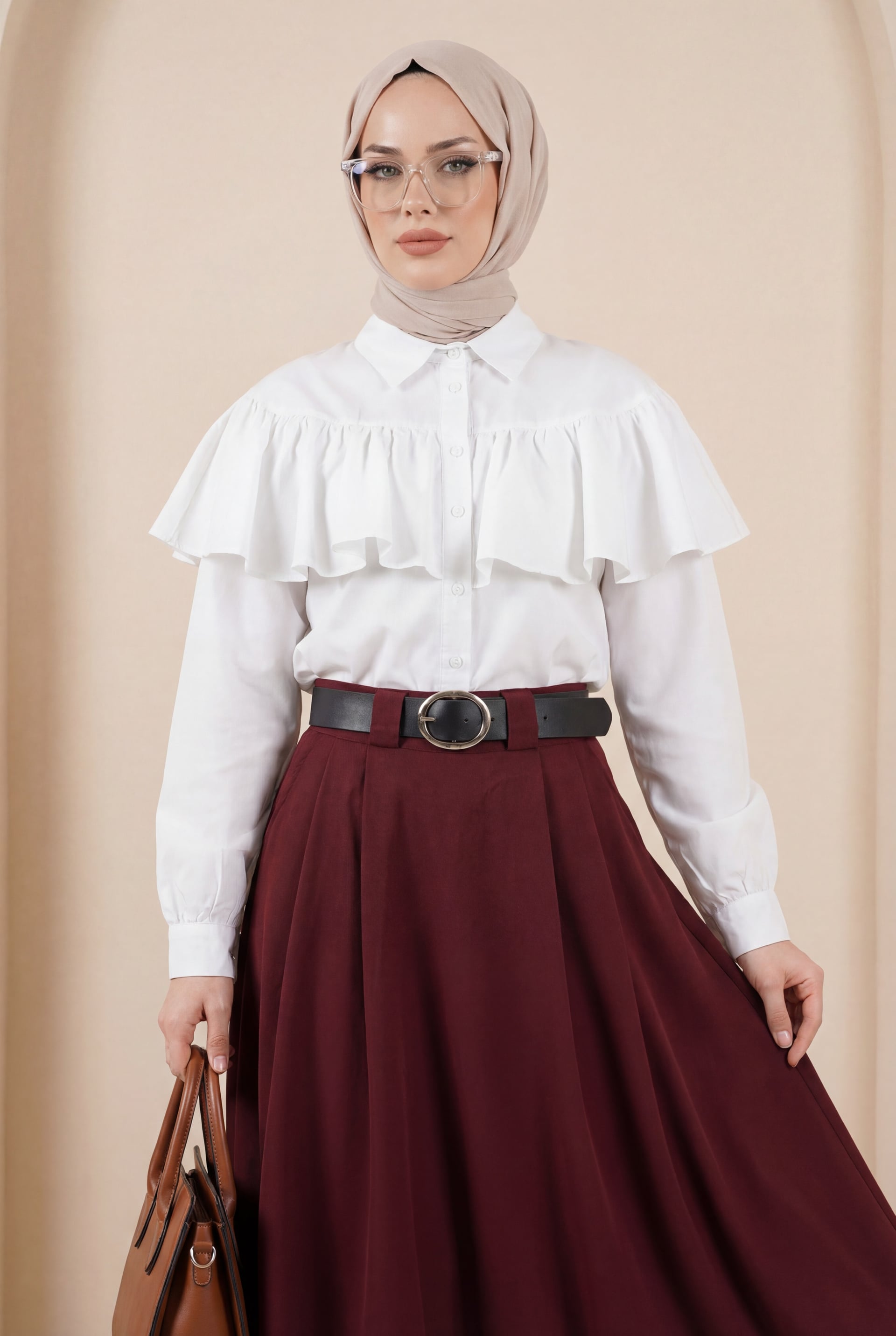 Pleated Front Twill Skirt with Thick Belt and Side Pockets - Maroon - Podyumplus - by Peralane - photo 4