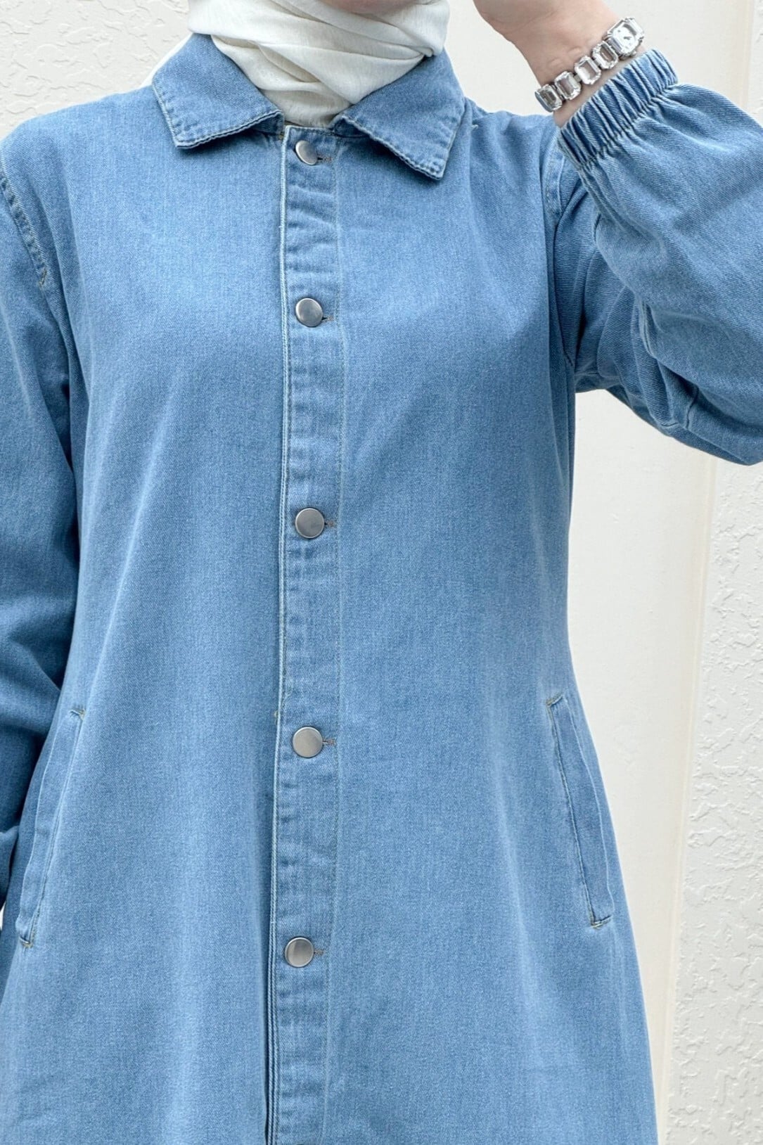 Light Blue Long Denim Jacket with Elasticated Cuffs - Podyumplus - by Peralane - photo 4