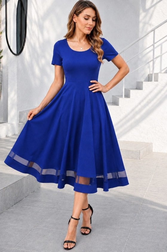 Women's Short-Sleeved Round Neck Midi Dress with Tulle Detail - Janes - by Peralane - photo 3
