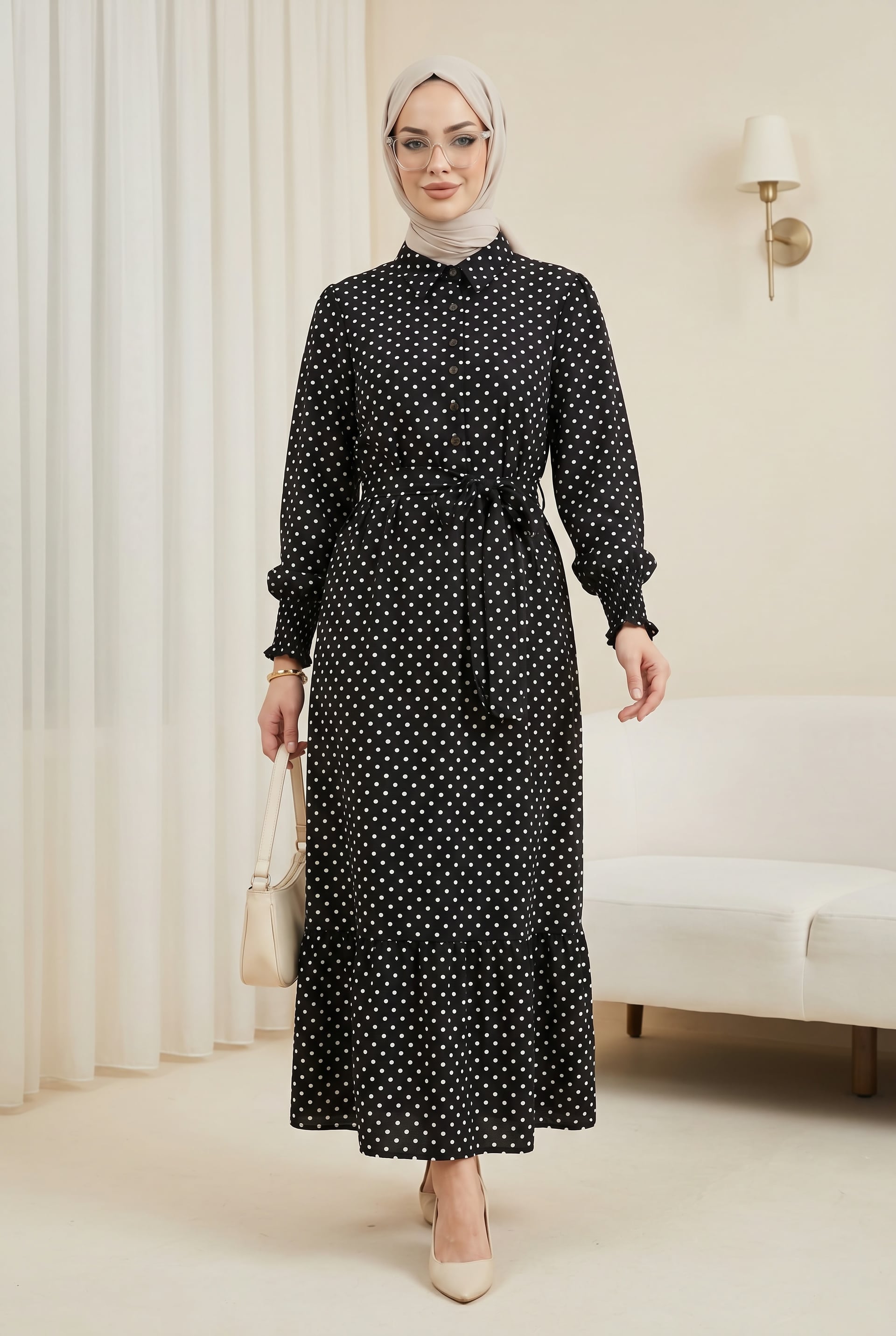Black Polka Dot Belted Shirt Dress with Smocked Cuffs - Podyumplus - by Peralane - photo 2