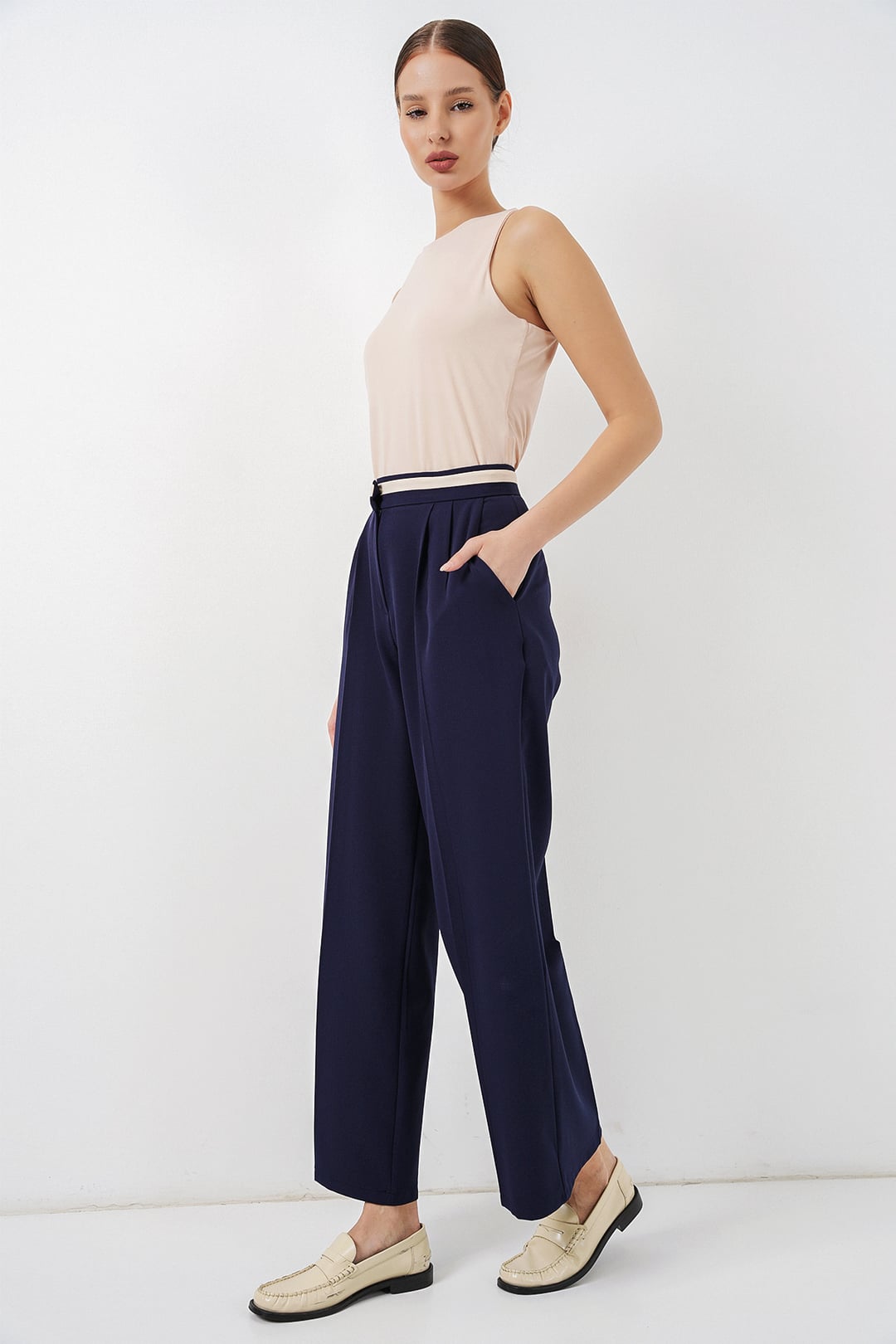 Women's Navy Blue Wide-Leg Woven Trousers with Striped Waistband 30088 - Bigdart - by Peralane - photo 4