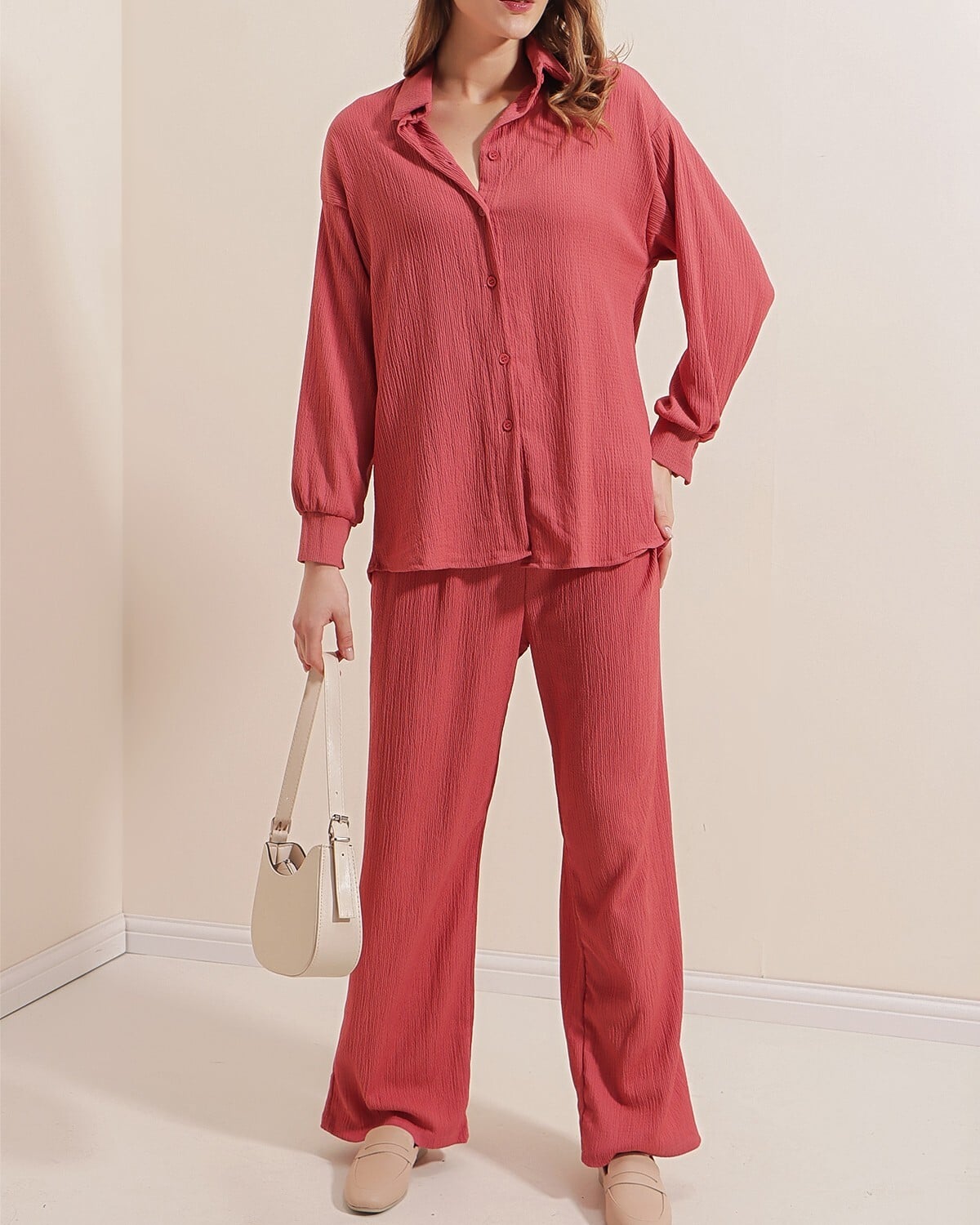 Coral Pink Knit Two-Piece Set - Shirt and Wide-Leg Trousers - Bigdart - by Peralane - photo 5