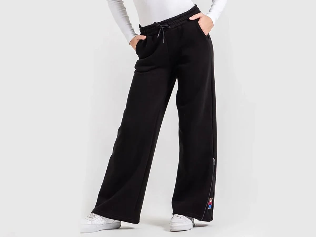 Girls' Fleece Trousers with Bear Embroidery - Black - Nickel - by Peralane