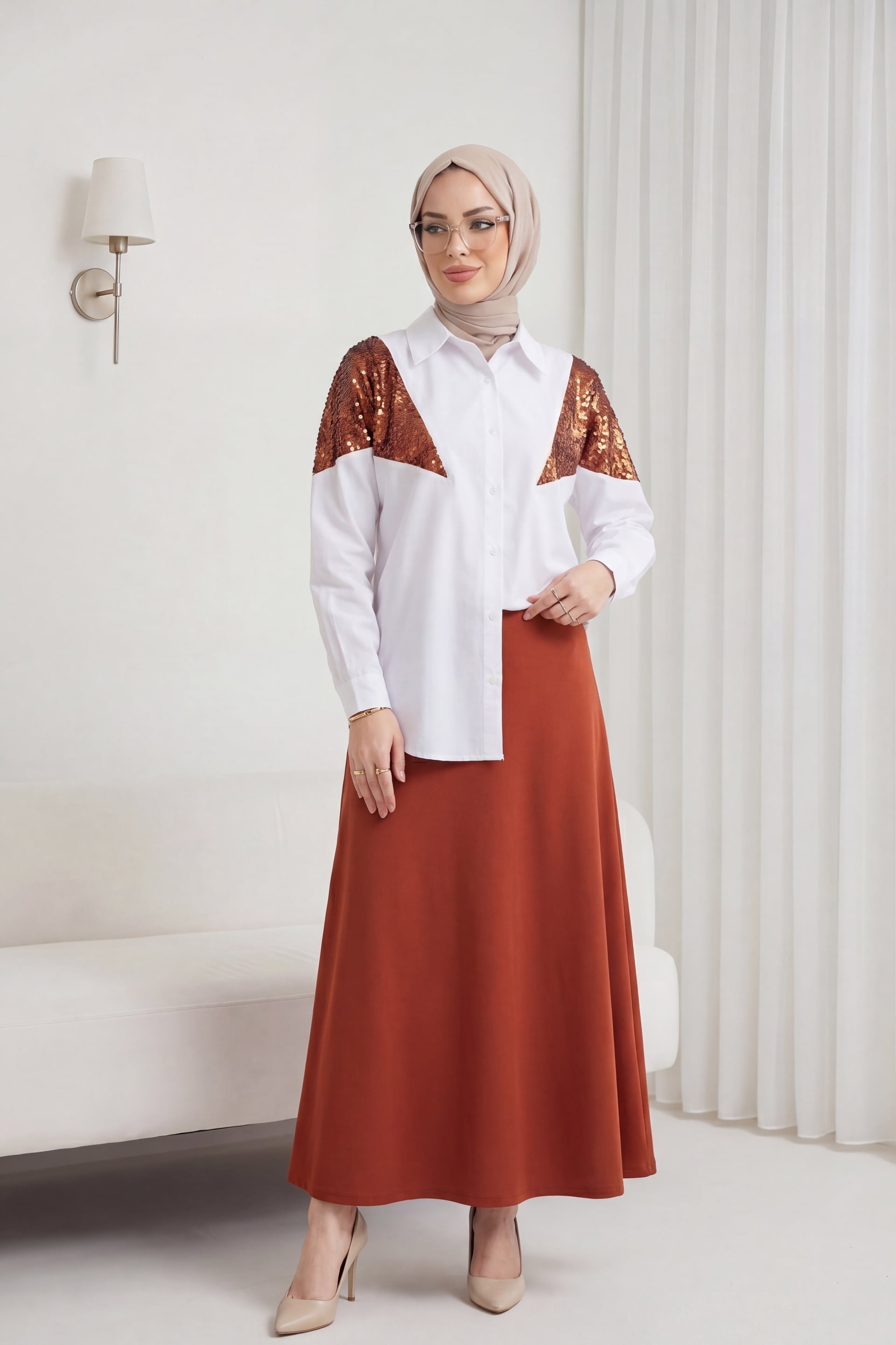 Sequin Detail Relaxed Blouse - Brick - Podyumplus - by Peralane - photo 2