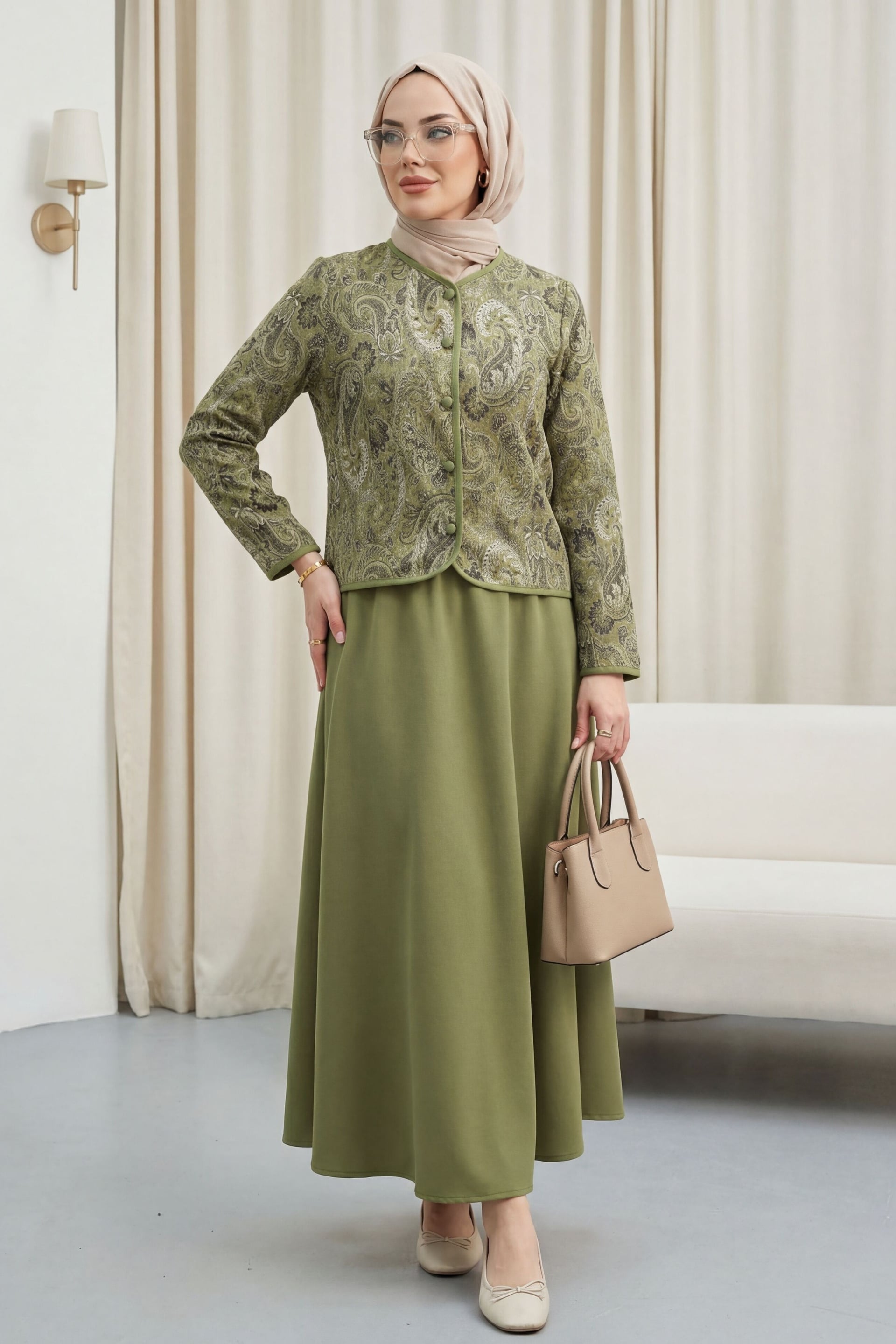 Top Button Ethnic Print Skirted Crepe Set - Olive - Podyumplus - by Peralane
