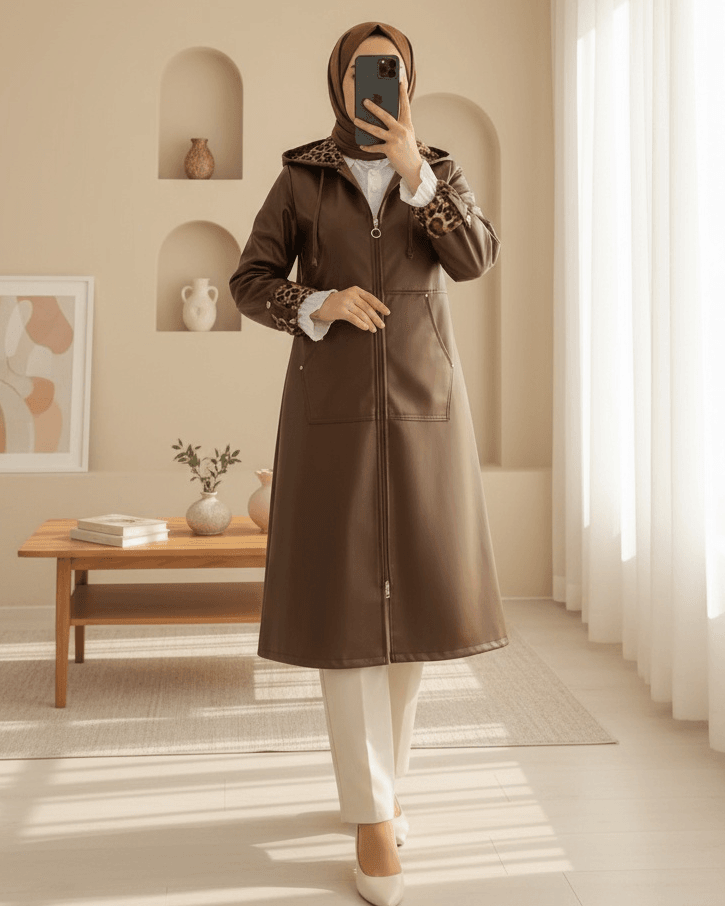 Brown Faux Leather Hooded Zip Jacket with Leopard Print Lining - Podyumplus - by Peralane - photo 2
