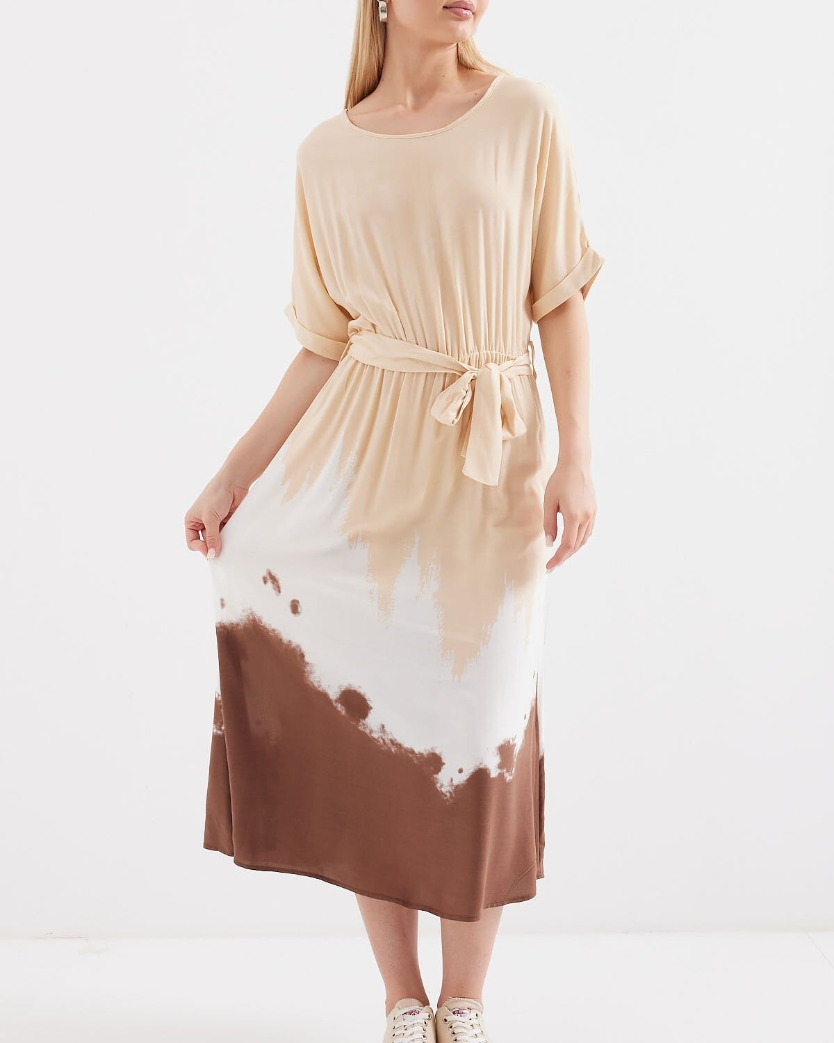 Patterned Short Sleeve Viscose Midi Dress - Cream - Bigdart - by Peralane