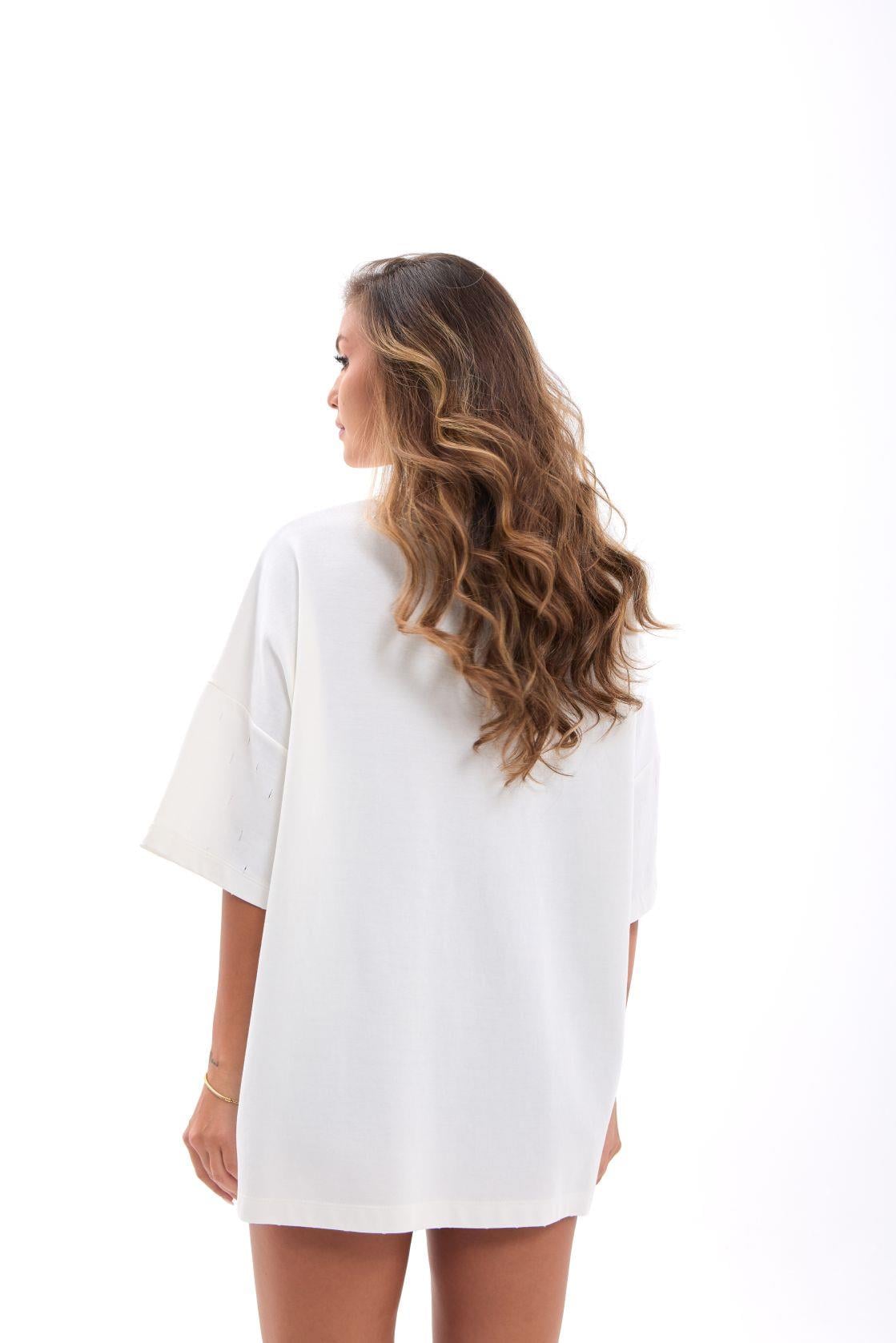 White Cotton T-Shirt with Subtle Dash Pattern - Fame - by Peralane - photo 3