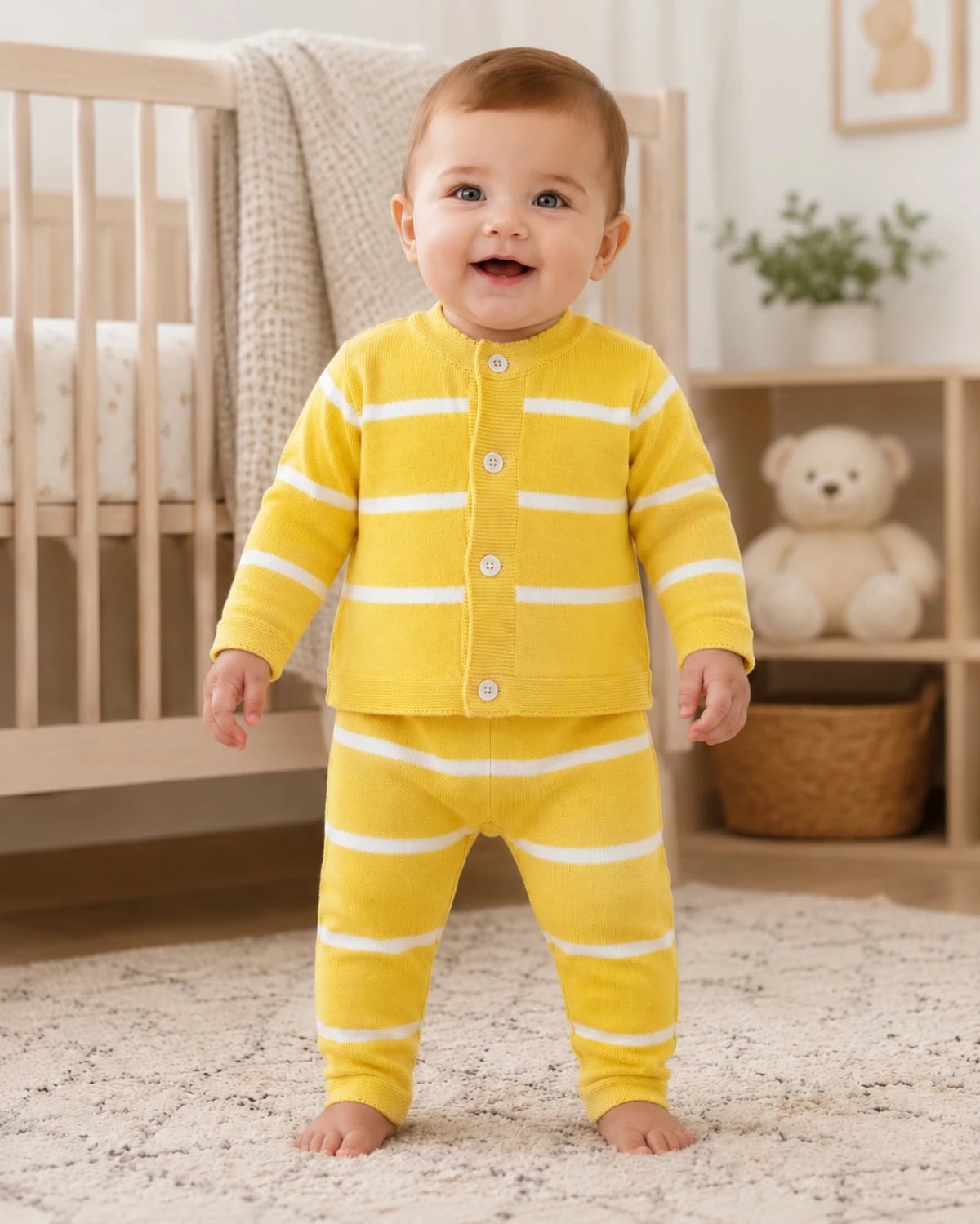 Baby Knit Cardigan and Trousers Set in Yellow with White Stripes - Has Bereket - by Peralane