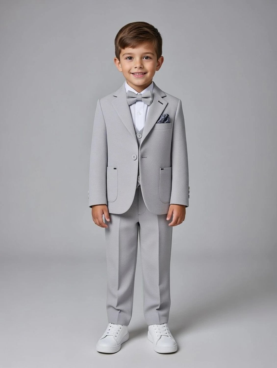 Boys' 4-Piece Suit Set including Jacket, Waistcoat, Trousers, and Shirt with Bow Tie and Pocket Square, Grey, Ages 5-8 - Terry - by Peralane