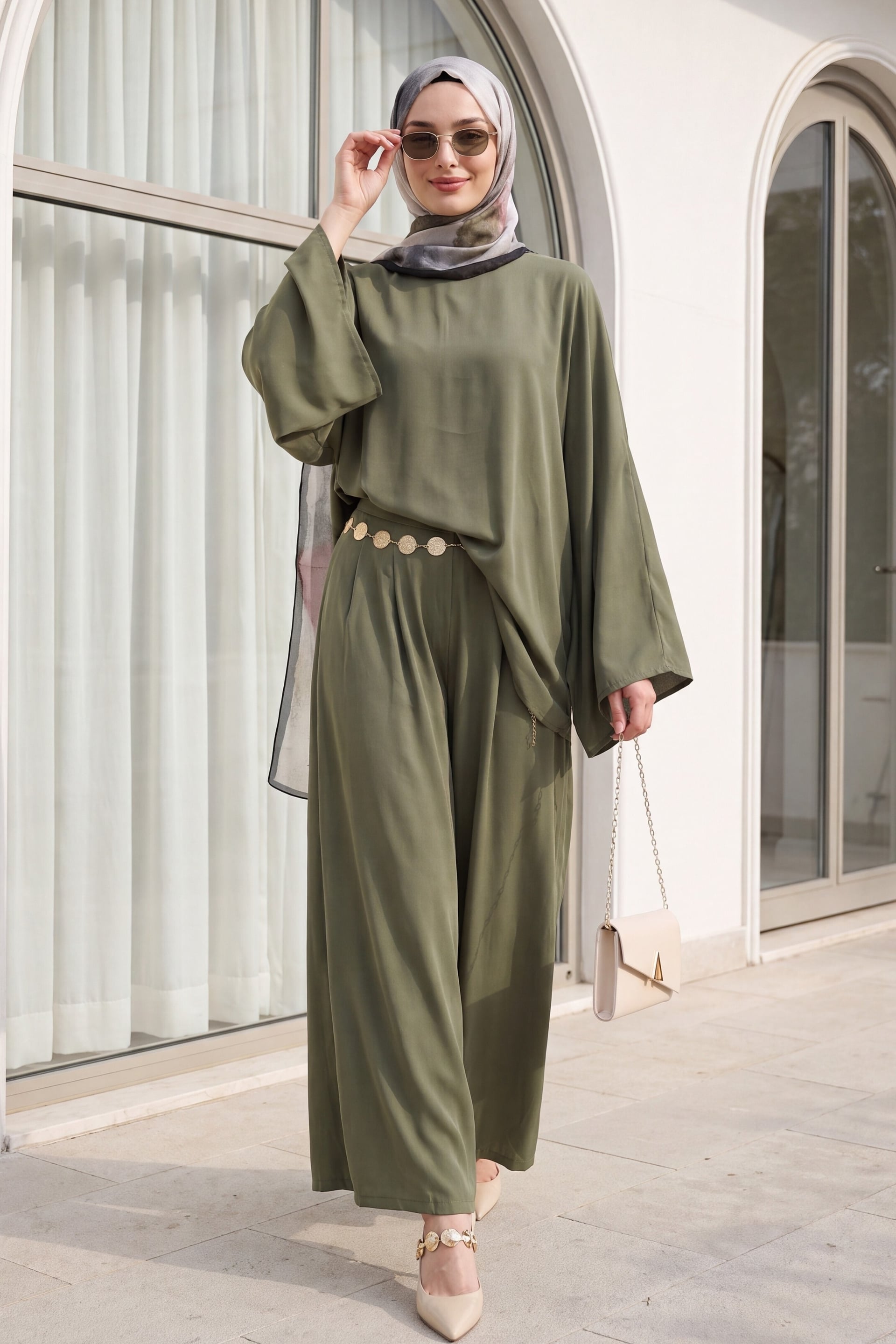 Asymmetric Cut Wide-Sleeve Wide-Leg Trousers Belted Modal Set - Olive Green - Podyumplus - by Peralane - photo 5