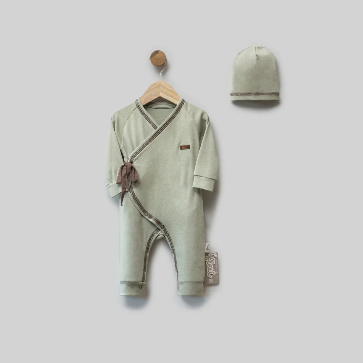 Baby Romper and Hat Set - Sage Green with Brown Trim - Flexi Baby - by Peralane
