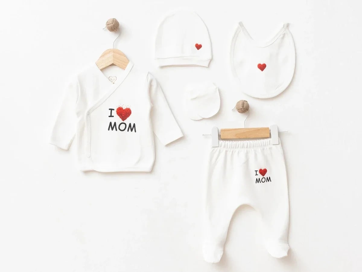 I Love Mom Print Unisex 5-Piece Newborn Bodysuit Set - Esya - by Peralane
