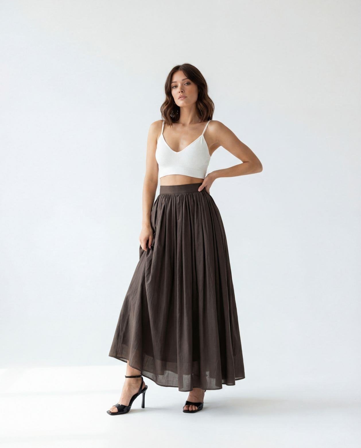 Women's Full-Length Cotton Skirt with Gathered Waist - Brown - Fame - by Peralane - photo 3