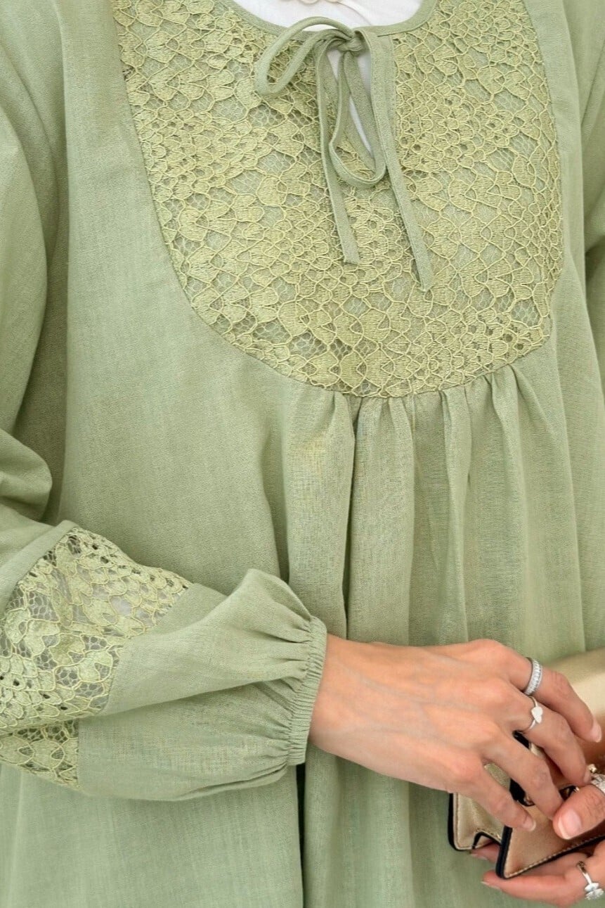 Lace Detail Tie Neck Long Sleeve Tunic - Light Green - Podyumplus - by Peralane - photo 10