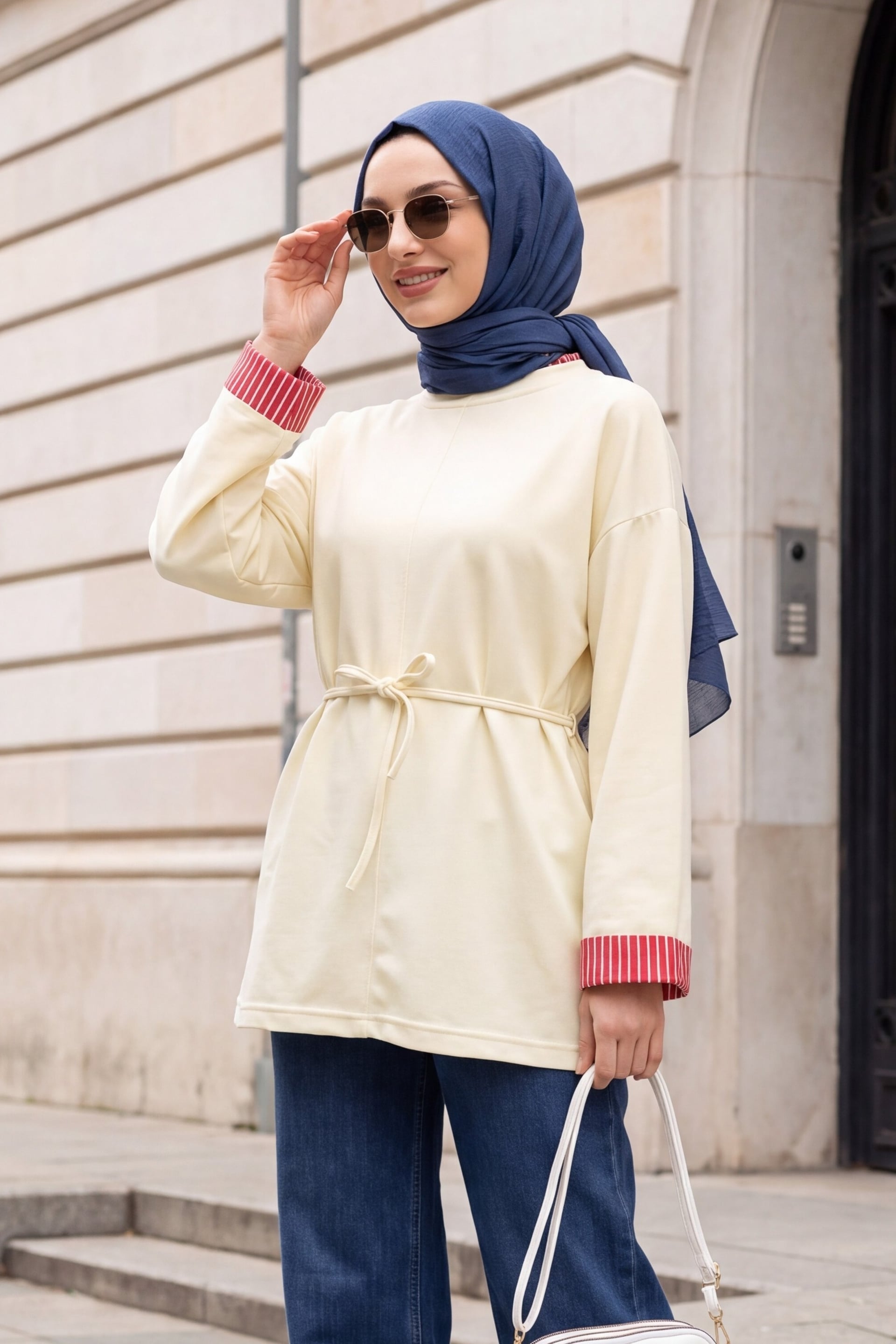 Slit Detail Bicycle Neck Tie Waist Sweatshirt - Cream - Podyumplus - by Peralane - photo 2