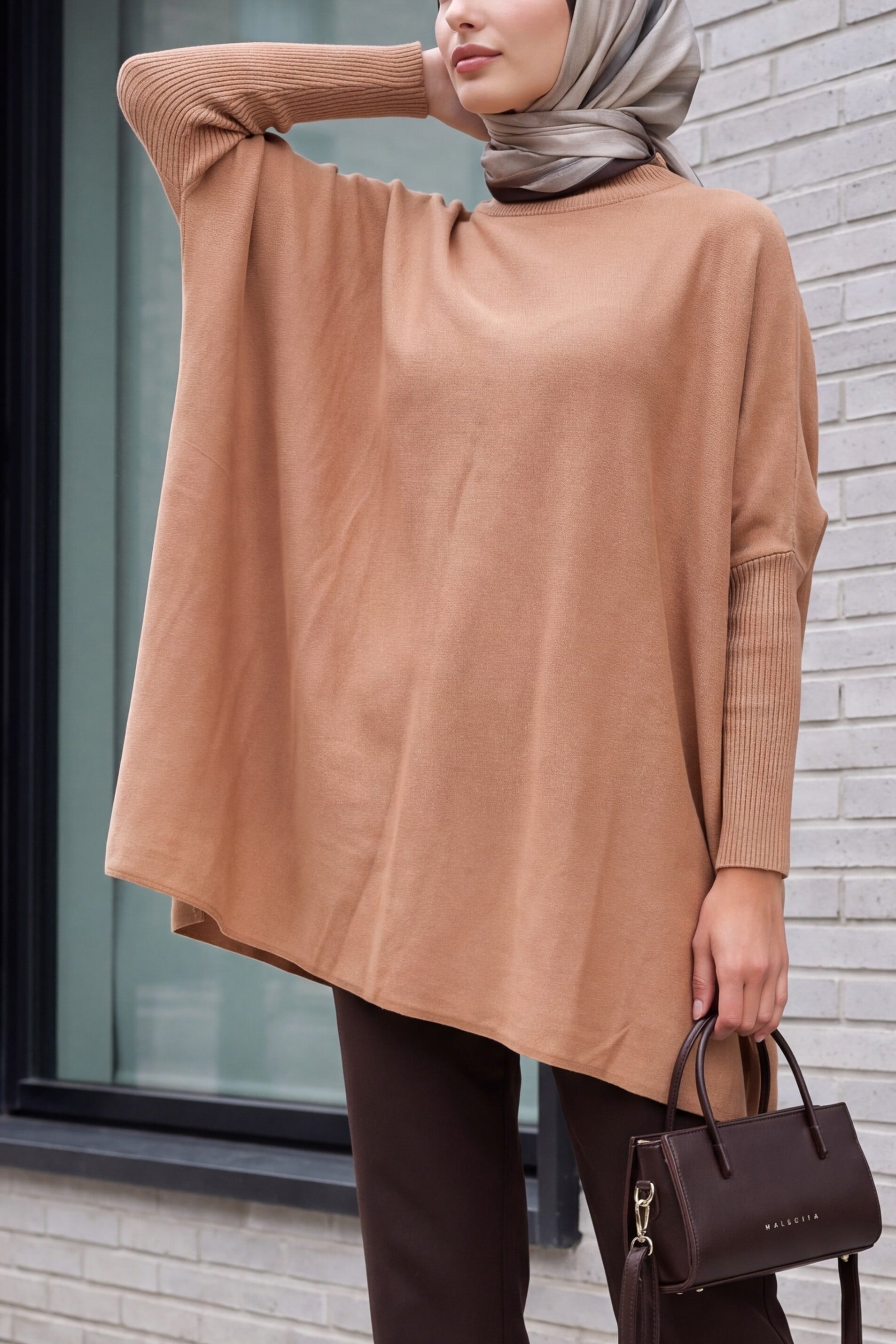 Camel Brown Oversized Poncho Knit Sweater with Side Slits - Bigdart - by Peralane