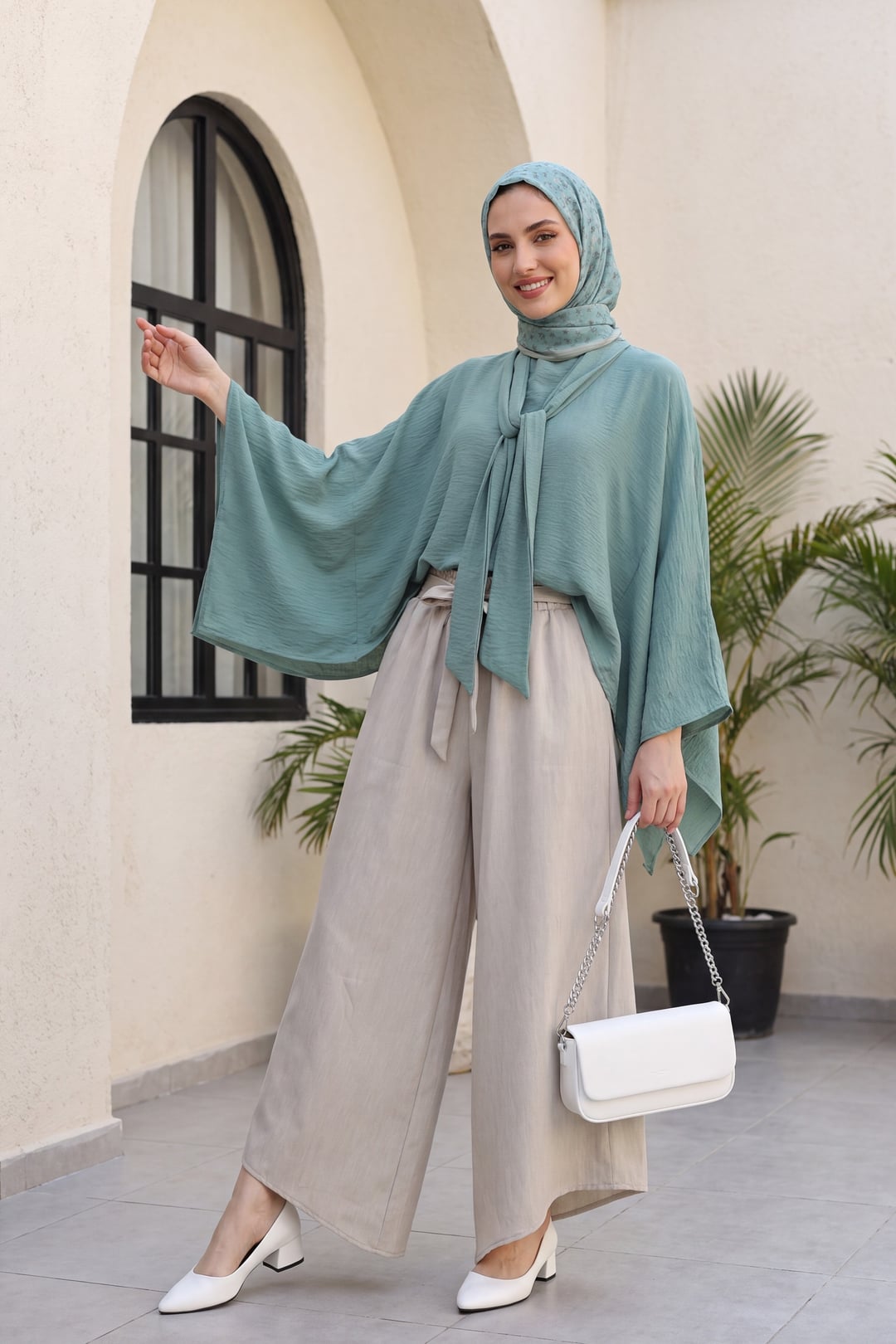 Long Back Tie Waist Poliviscose Tunic - Mint - Podyumplus - by Peralane - photo 6