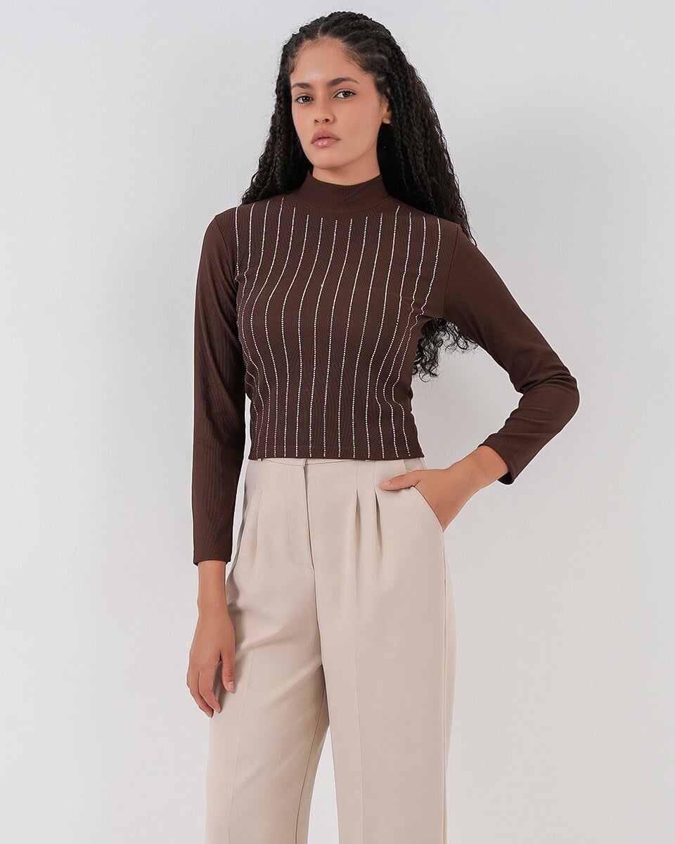 Brown Ribbed Knit Tunic with Stone Details - Bigdart - by Peralane - photo 4