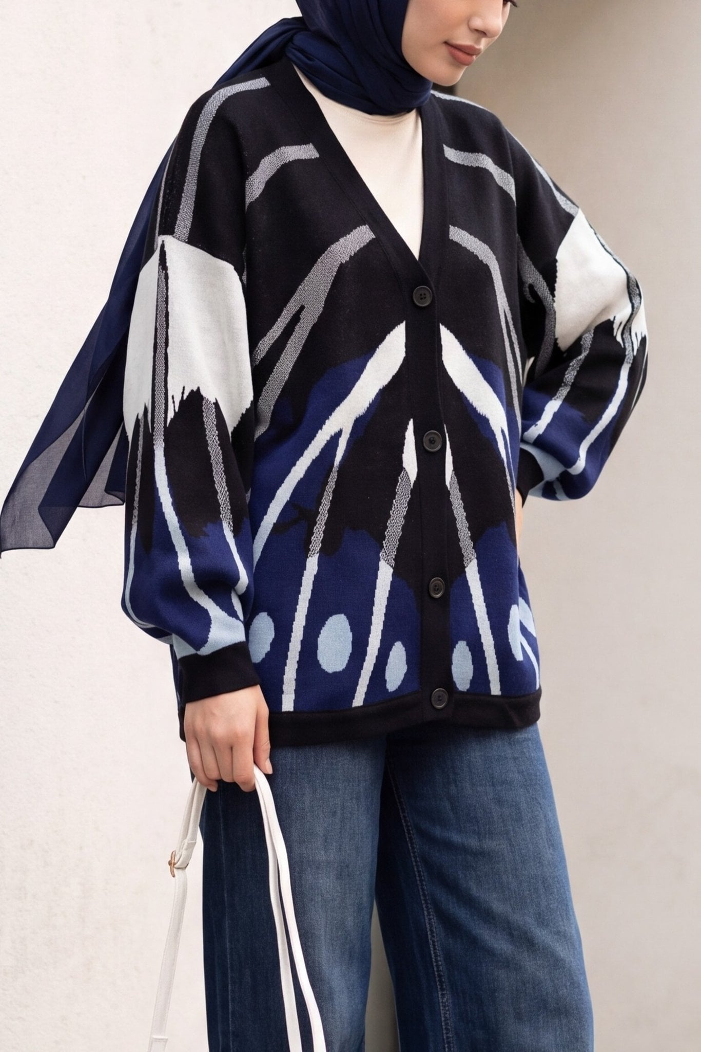 V-Neck Buttoned Patterned Batwing Sleeve Double Placket Knit Cardigan - Navy - Podyumplus - by Peralane