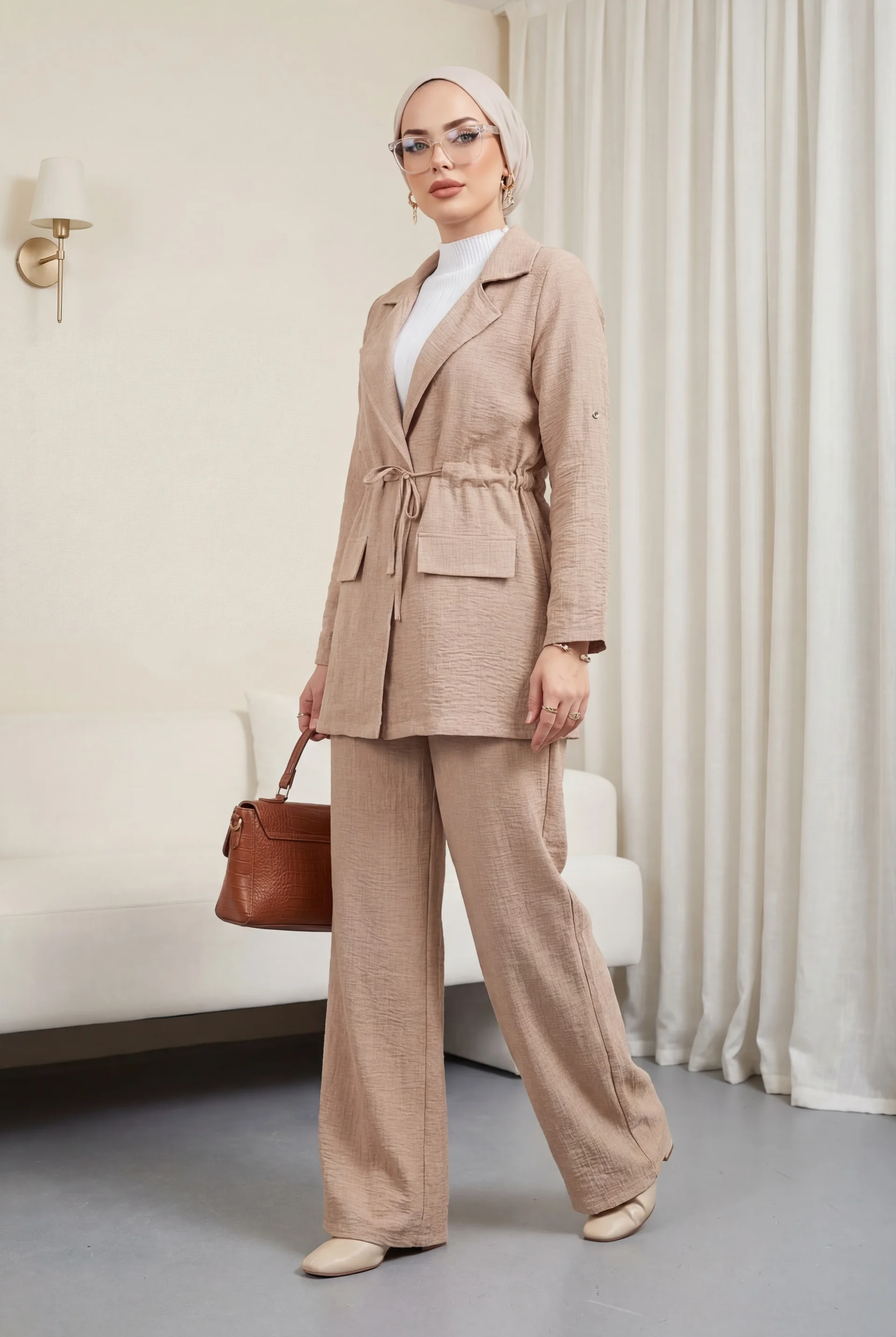 Linen Look Blazer and Wide-Leg Trouser Set in Mink - Podyumplus - by Peralane - photo 5