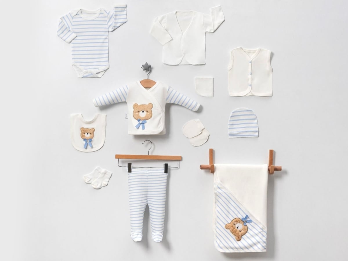 10-Piece Newborn Boy Hospital Exit Set with Teddy Bear Embroidery - Blue - Baby Zuhu - by Peralane