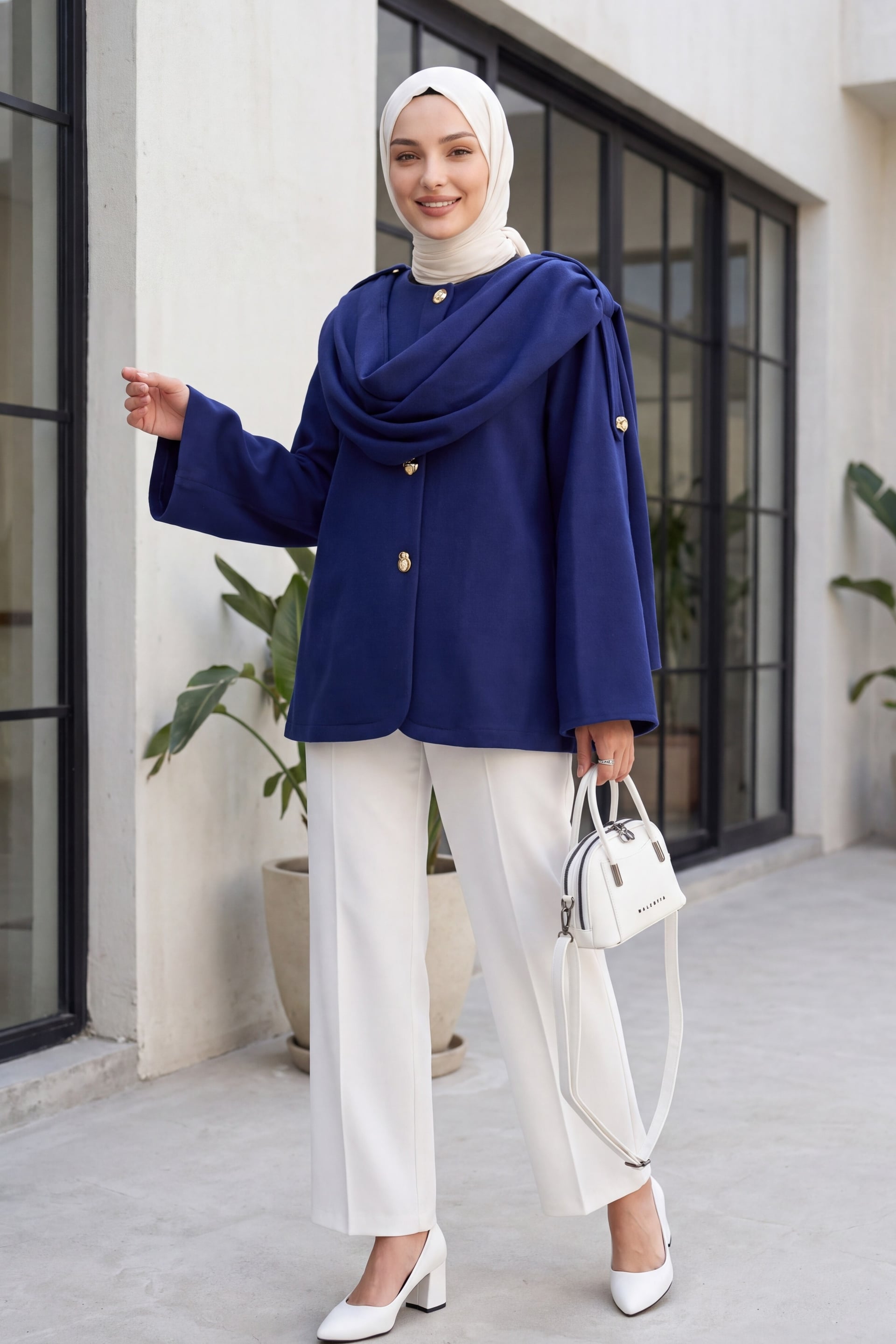 Cowl Neck Wrap Winter Felt Jacket - Navy - Podyumplus - by Peralane - photo 3