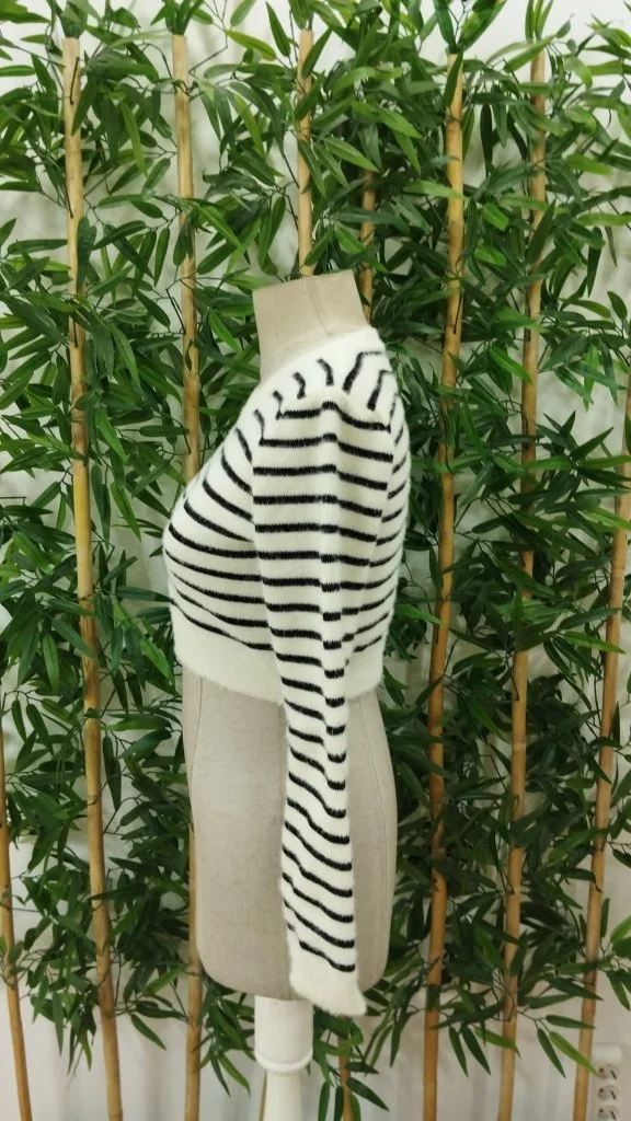 Women's Long Sleeve Crew Neck Crop Knit Sweater, Black and White Stripes - Janes - by Peralane - photo 7
