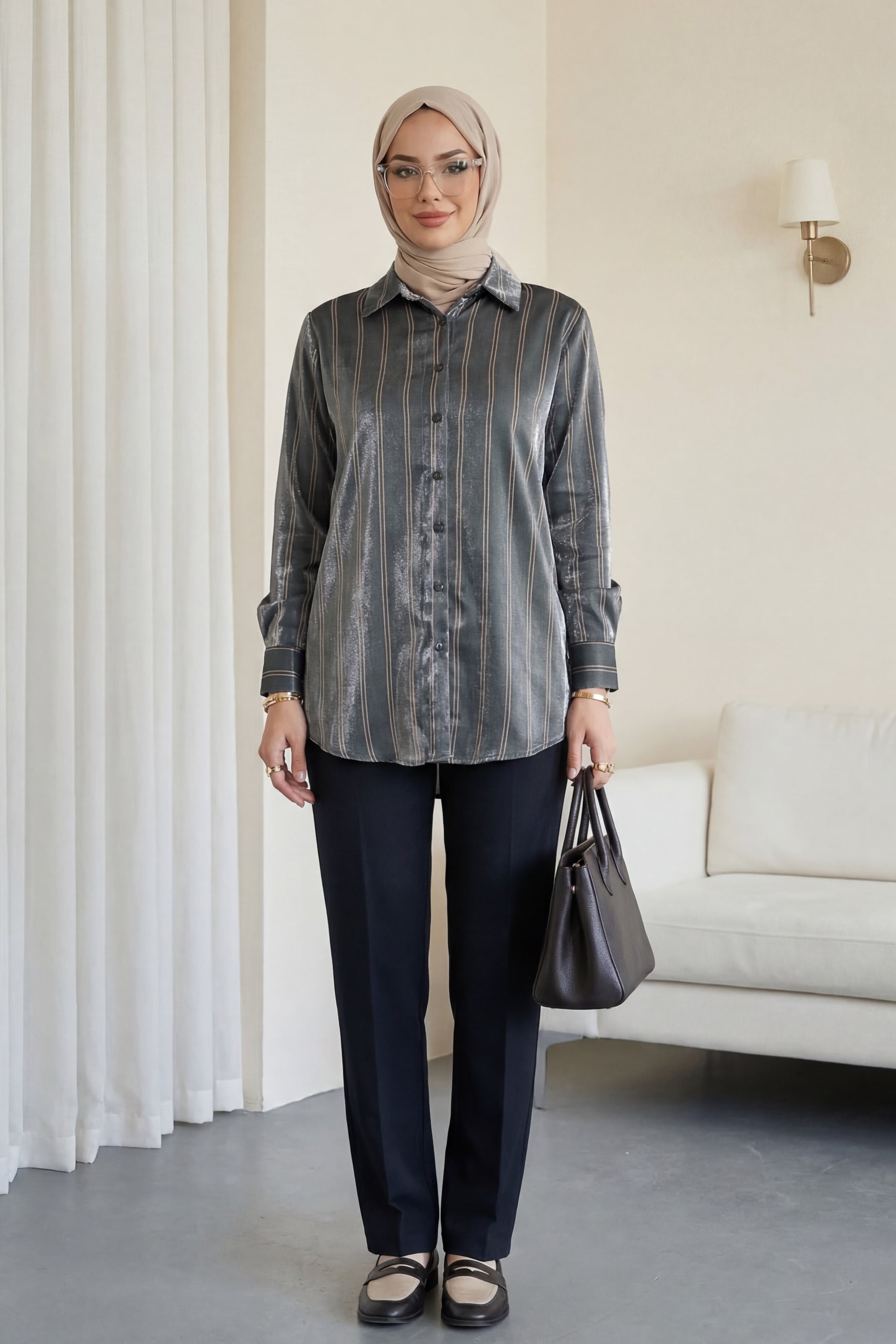 Striped Lurex Blouse - Khaki - Podyumplus - by Peralane - photo 2
