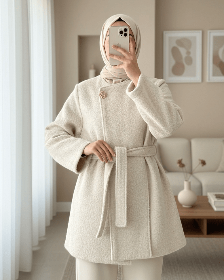 Lined Single-Button Belted Faux Fur Coat with Trousers in Cream - Podyumplus - by Peralane - photo 2