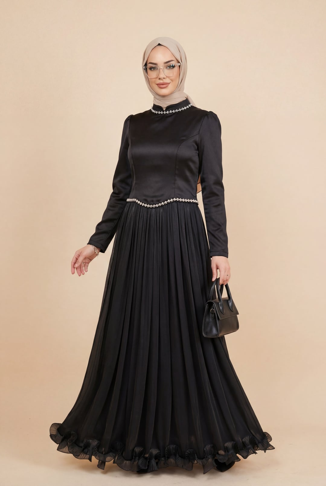 Black Satin and Sequined Chiffon Formal Dress with Pearl Details and Ruffled Hem - Podyumplus - by Peralane - photo 2