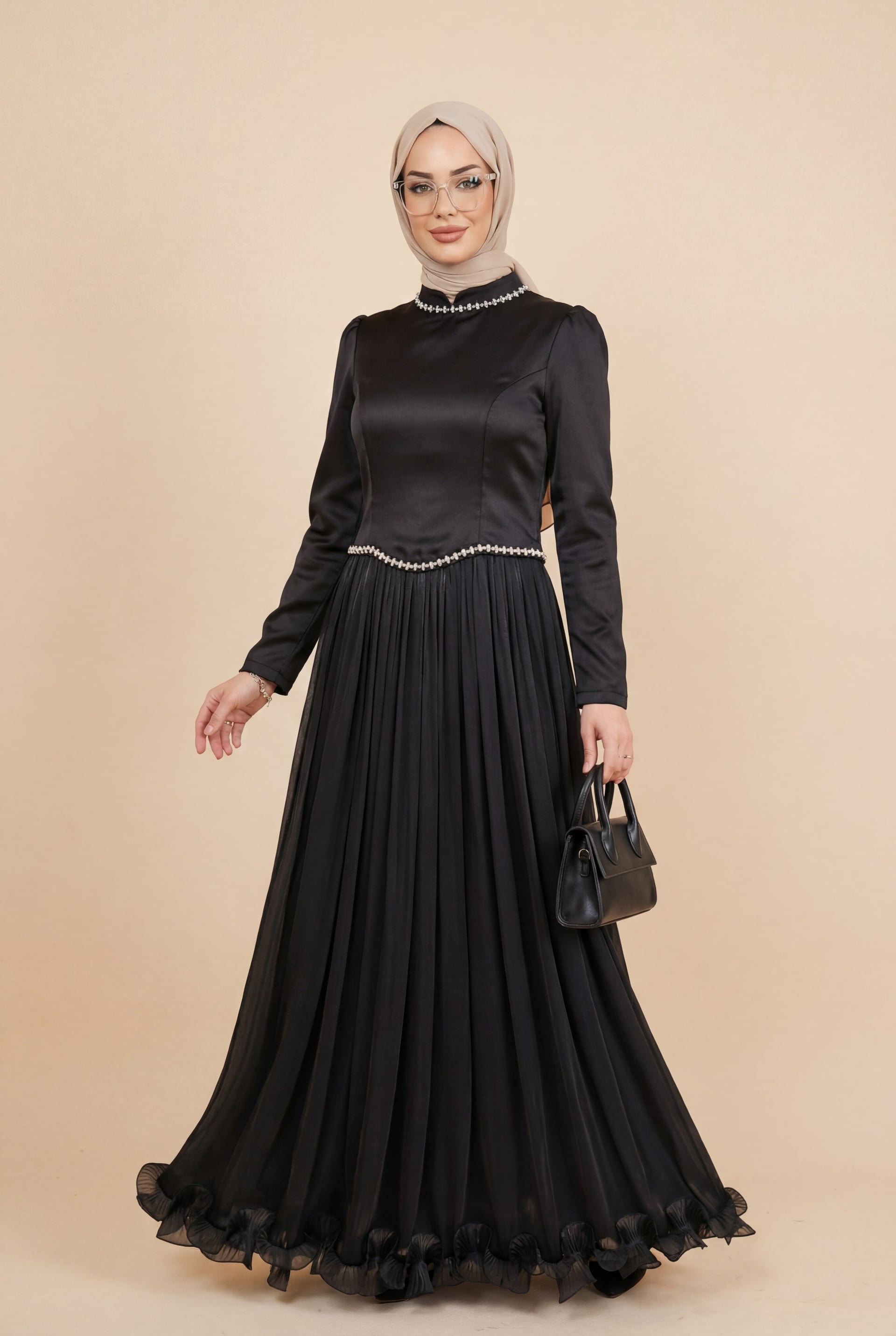 Black Satin and Sequined Chiffon Formal Dress with Pearl Details and Ruffled Hem - Podyumplus - by Peralane - photo 2