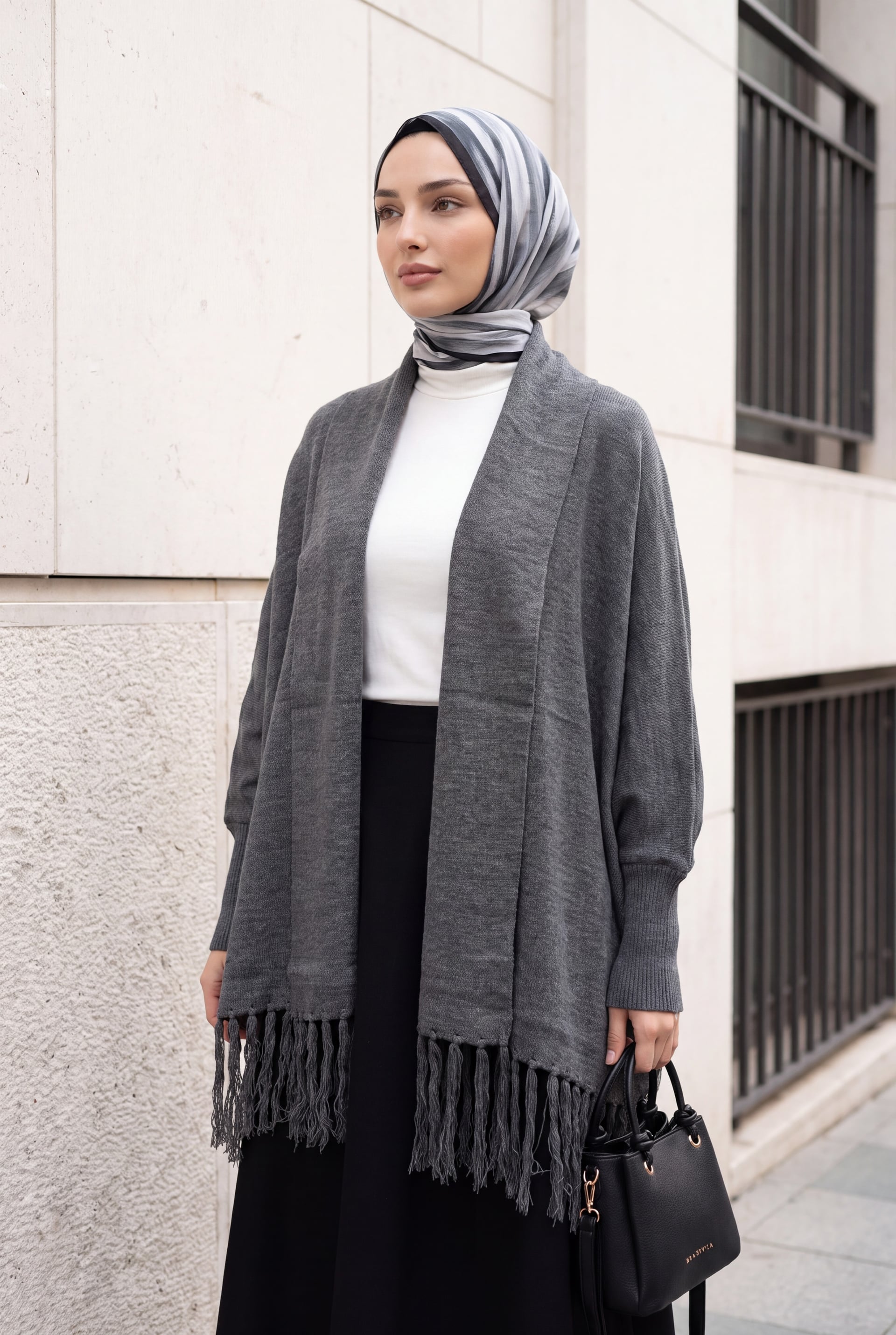 Fringed Trim Knit Cardigan with Shawl Collar - Smoke Grey - Podyumplus - by Peralane