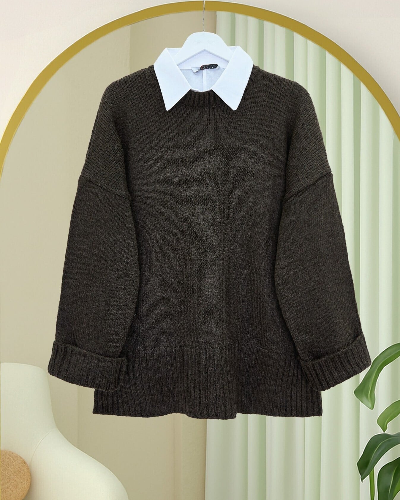 Crew Neck Ribbed Hem Oversized Knit Tunic - Dark Brown - Podyumplus - by Peralane - photo 2