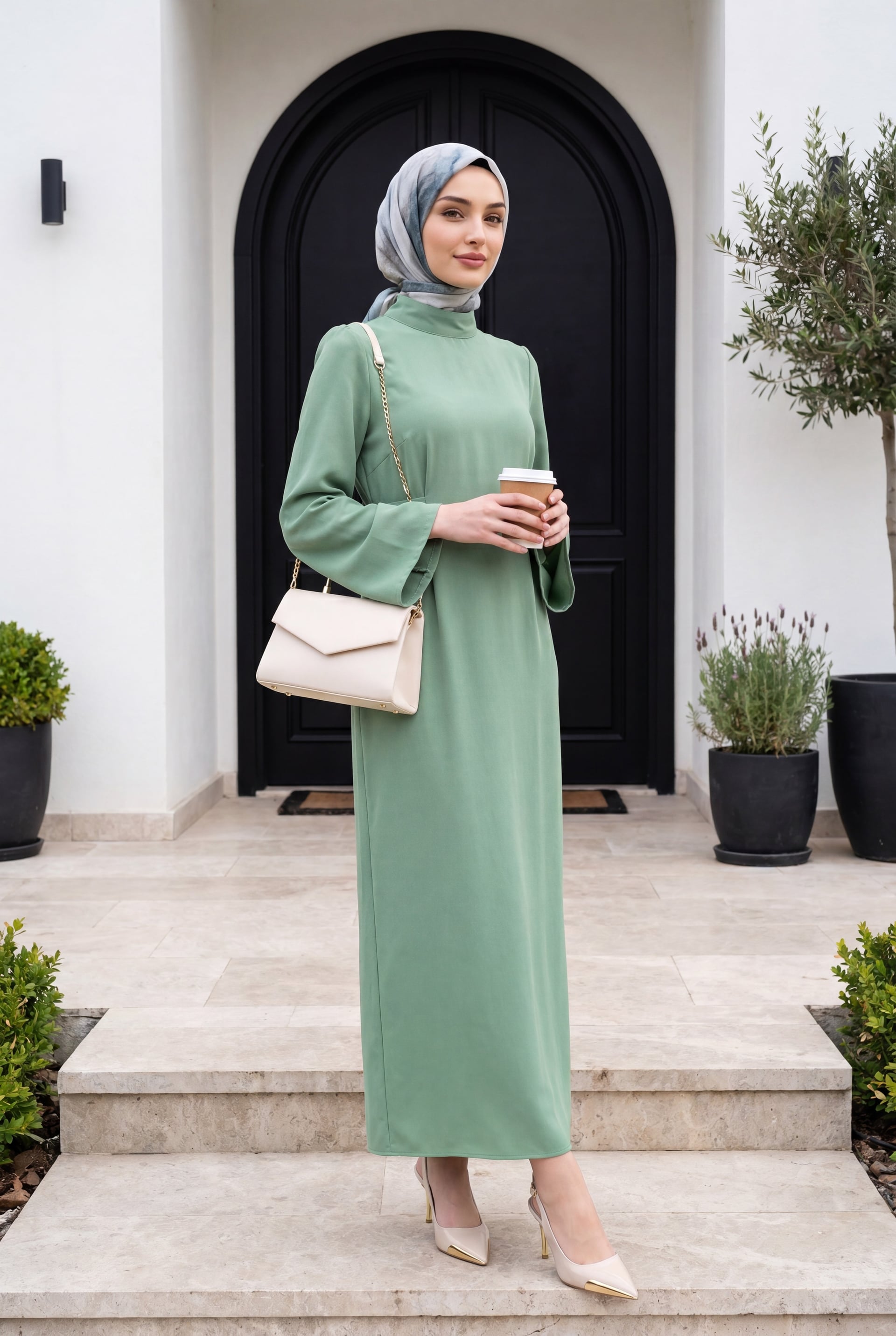 Mandarin Collar Belted Dress - Mint Green - Podyumplus - by Peralane