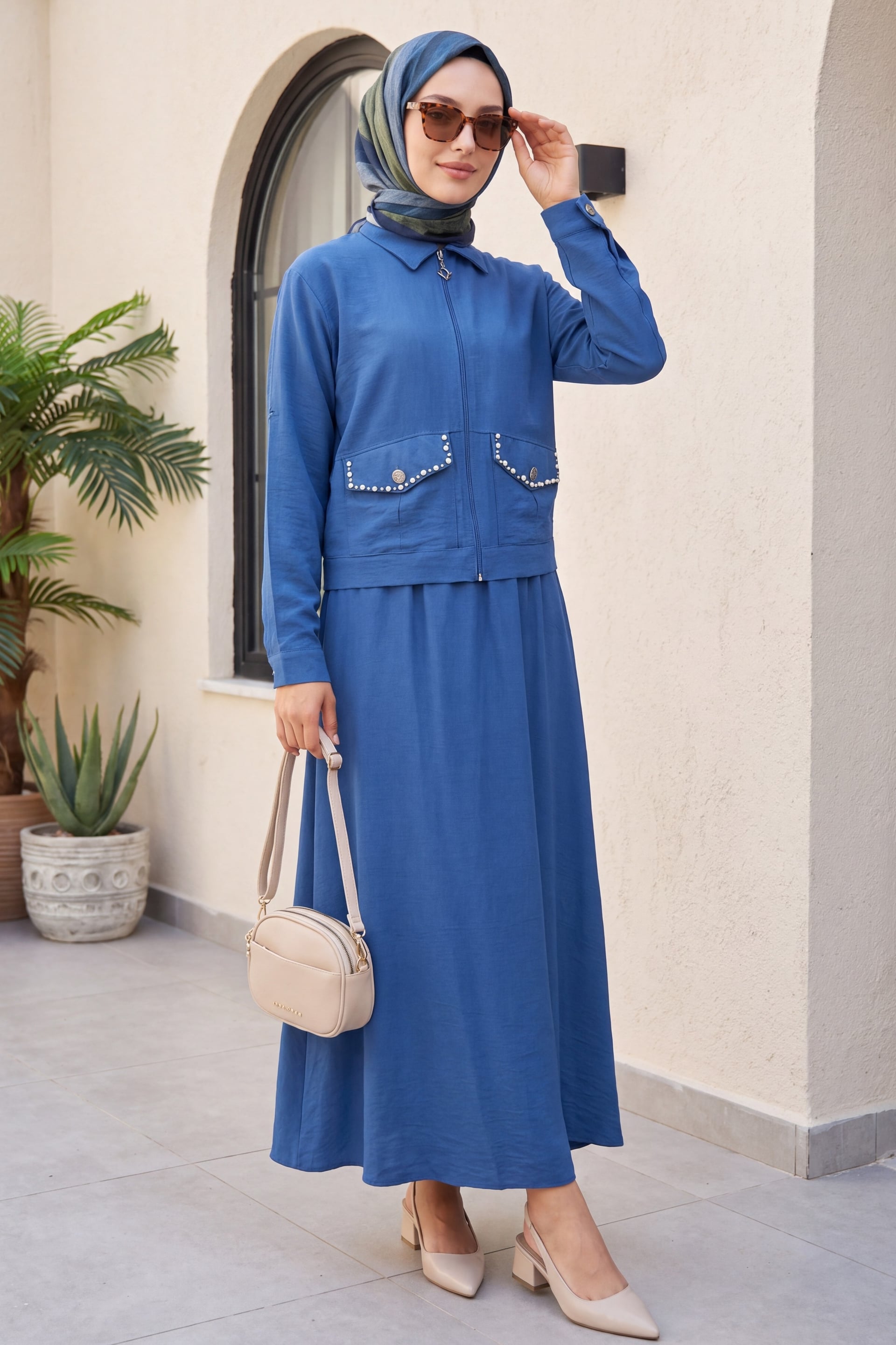 Zip-Front Jacket with Elastic-Waist Skirt Set - Blue - Podyumplus - by Peralane - photo 3