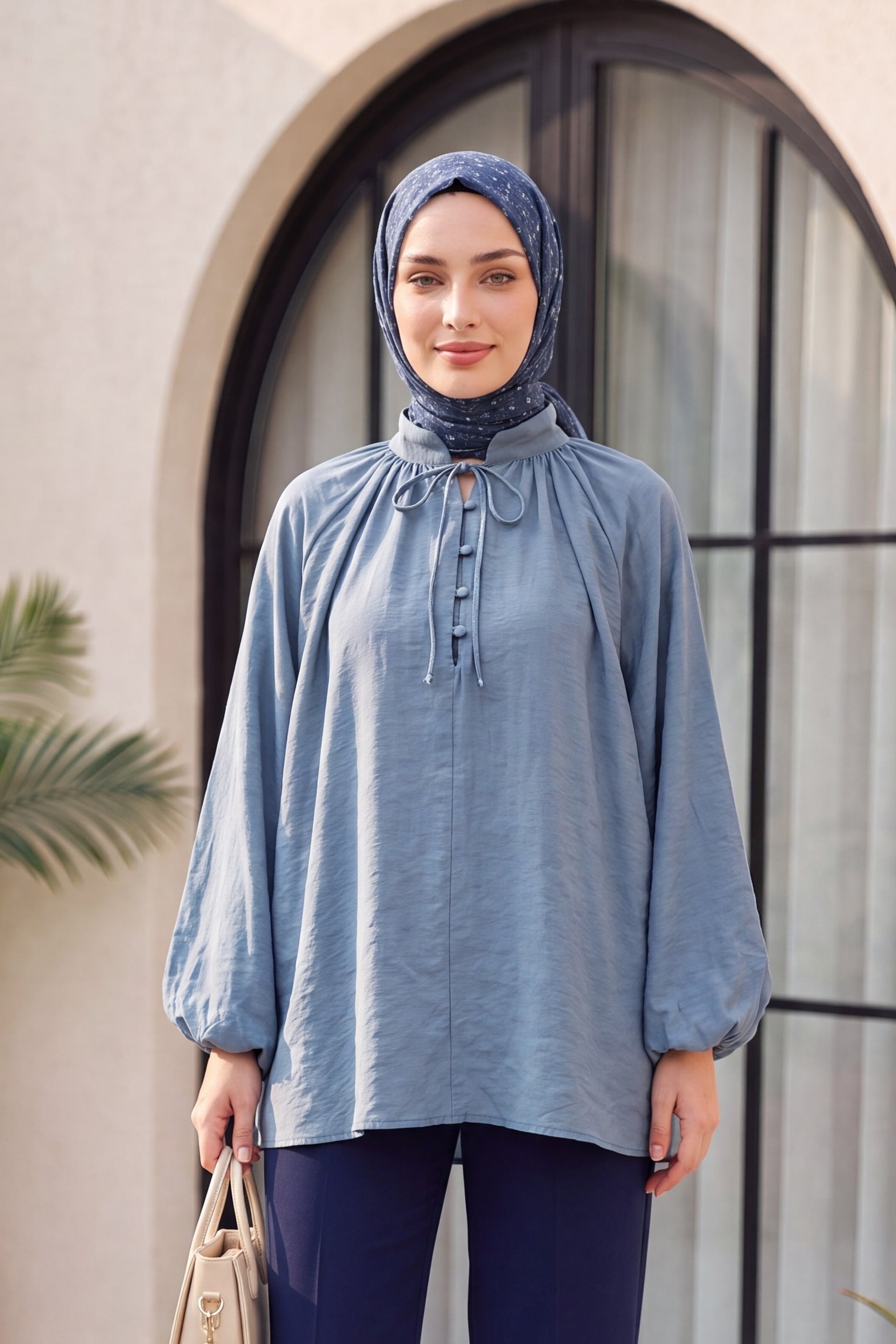 Tie-Front Half-Button Lined Oversize Tulle Voile Blouse - Petrol - Podyumplus - by Peralane