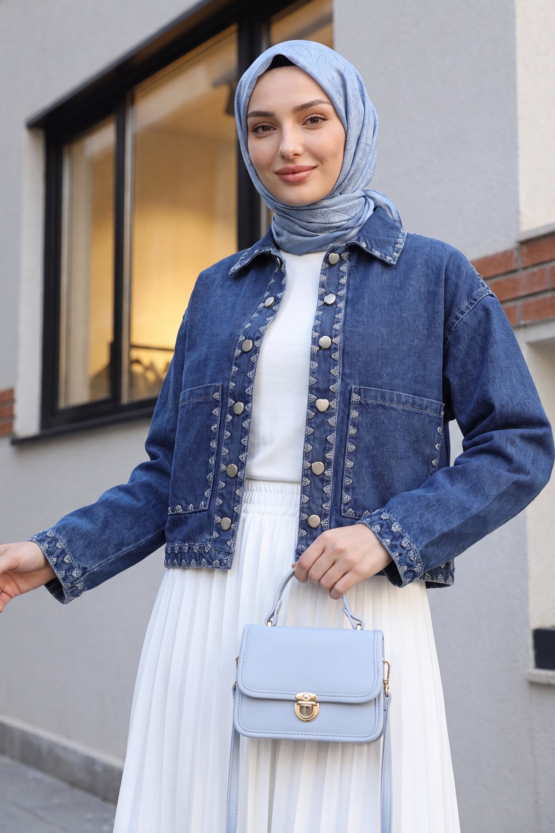 Dark Blue Denim Jacket with Shepherd Embroidery and Buttons - Podyumplus - by Peralane