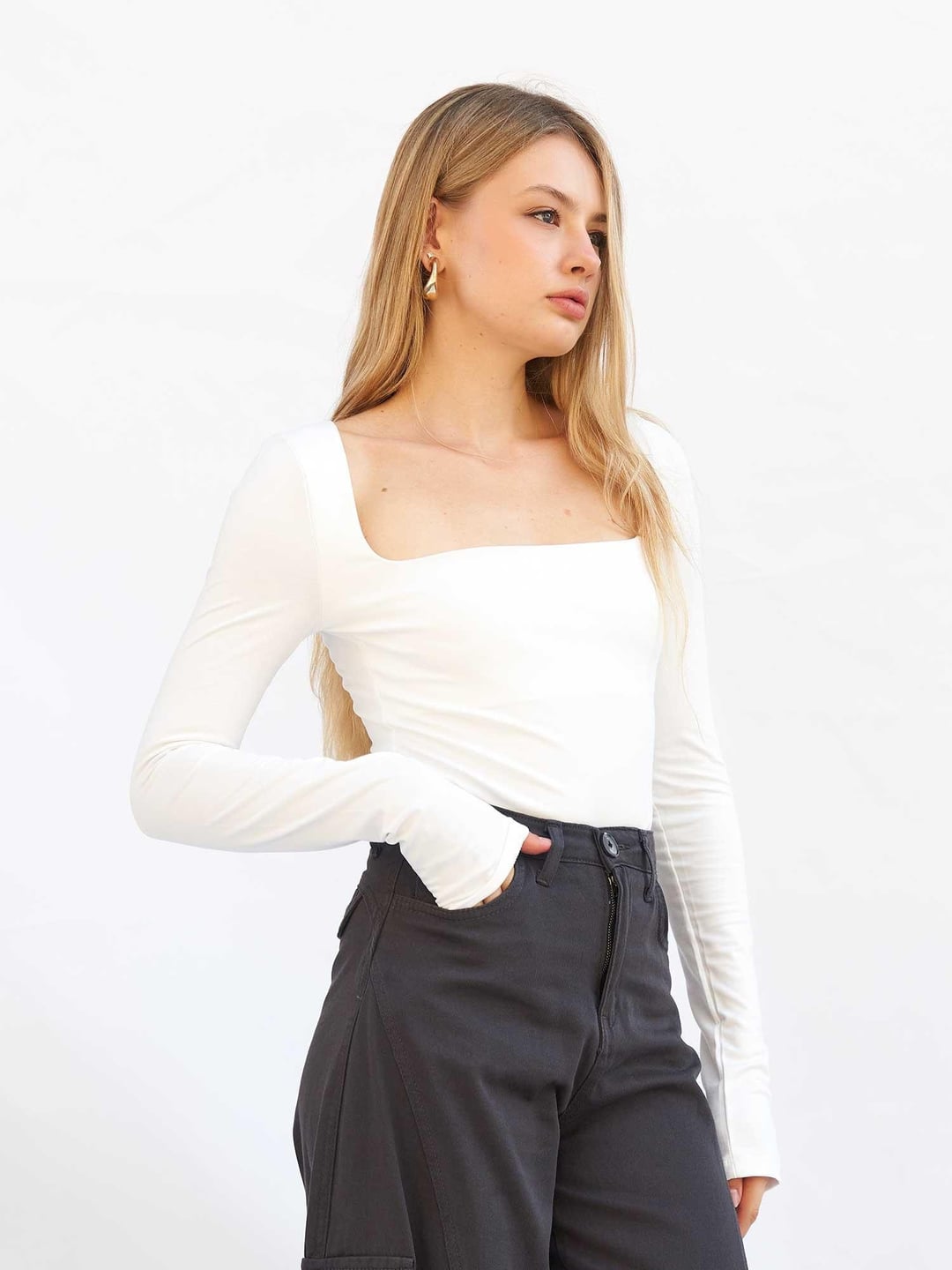 Square Neck Long Sleeve Ribbed T-Shirt - Ecru - Lefon - by Peralane - photo 6